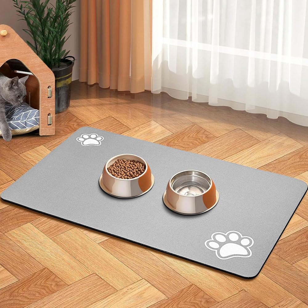 Mateju Dog Food Mat, Absorbent Quick Drying Pet Feeding Dog Placemat for Food and Water, Multicolor Bowl Mat Non-Slip Cat Food-Mats Puppies Kittens (Light Gray Claws,40x60cm)