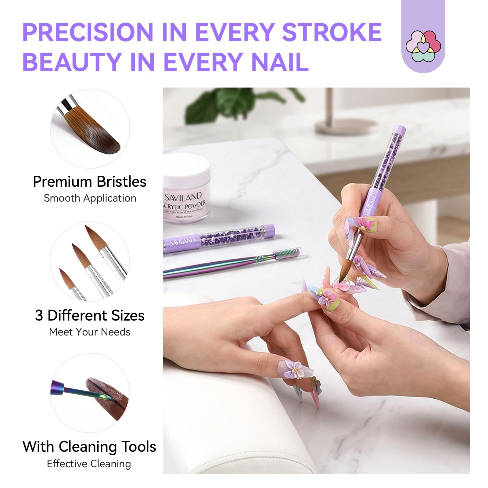 SAVILAND Acrylic Nail Brush Set - 3 Sizes -4