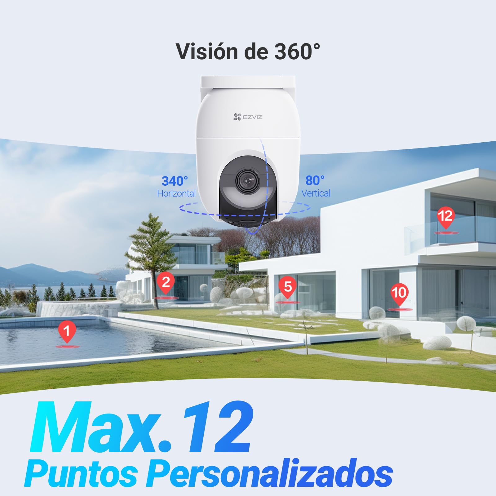 EZVIZ Cámara Vigilancia Exterior WiFi 4MP, AOV 360° con Batería 5200mAh, Detección de Forma Humana/Vehicular, Visión Nocturna Color, Defensa Activa, CB8 Lite + Panel Solar 5W, NO SD Tarjeta