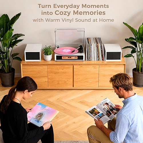 Miniatura 10 de Tocadiscos Bluetooth con altavoces estéreo integrados y externos, tarjeta USBTF y grabación de PC, tocadiscos vintage de 3 velocidades con salidas