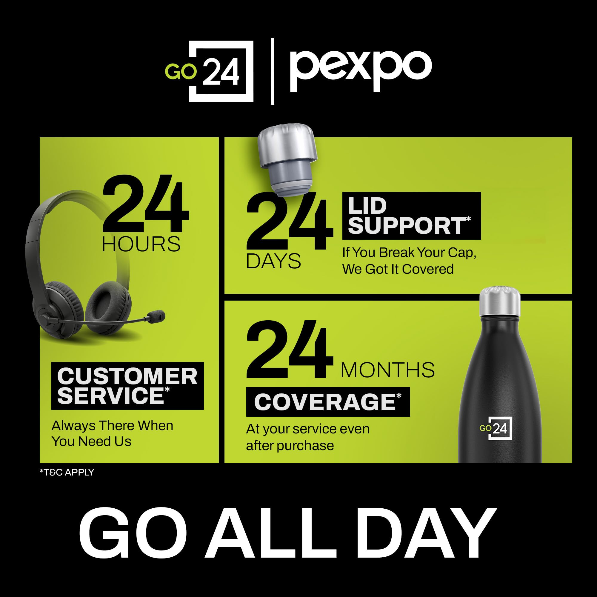 Go24 pexpo Stainless Steel Water Bottle Electro Knight Black 980ml 1