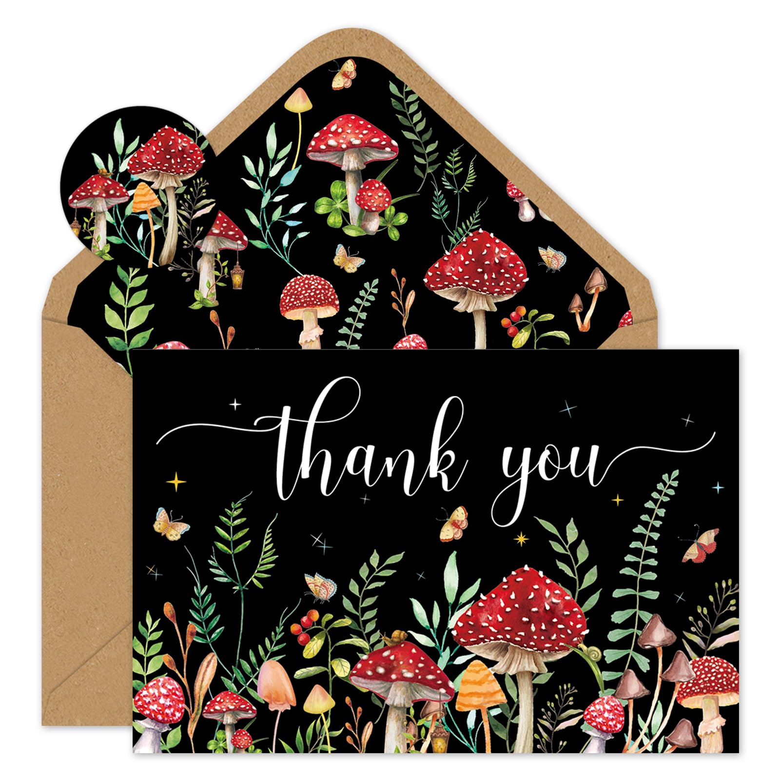 JarThenaAMCS 24 Pack Vintage Mushroom Thank You Cards Black Red Mushroom Plants Greeting Card With Envelopes Stickers Forest Blank Note Card for Baby