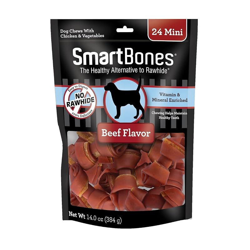 SmartBones Mini Ossos Mastigáveis para Cães Sem Couro Cru com Carne Bovina, Frango e Vegetais, Pacote com 24