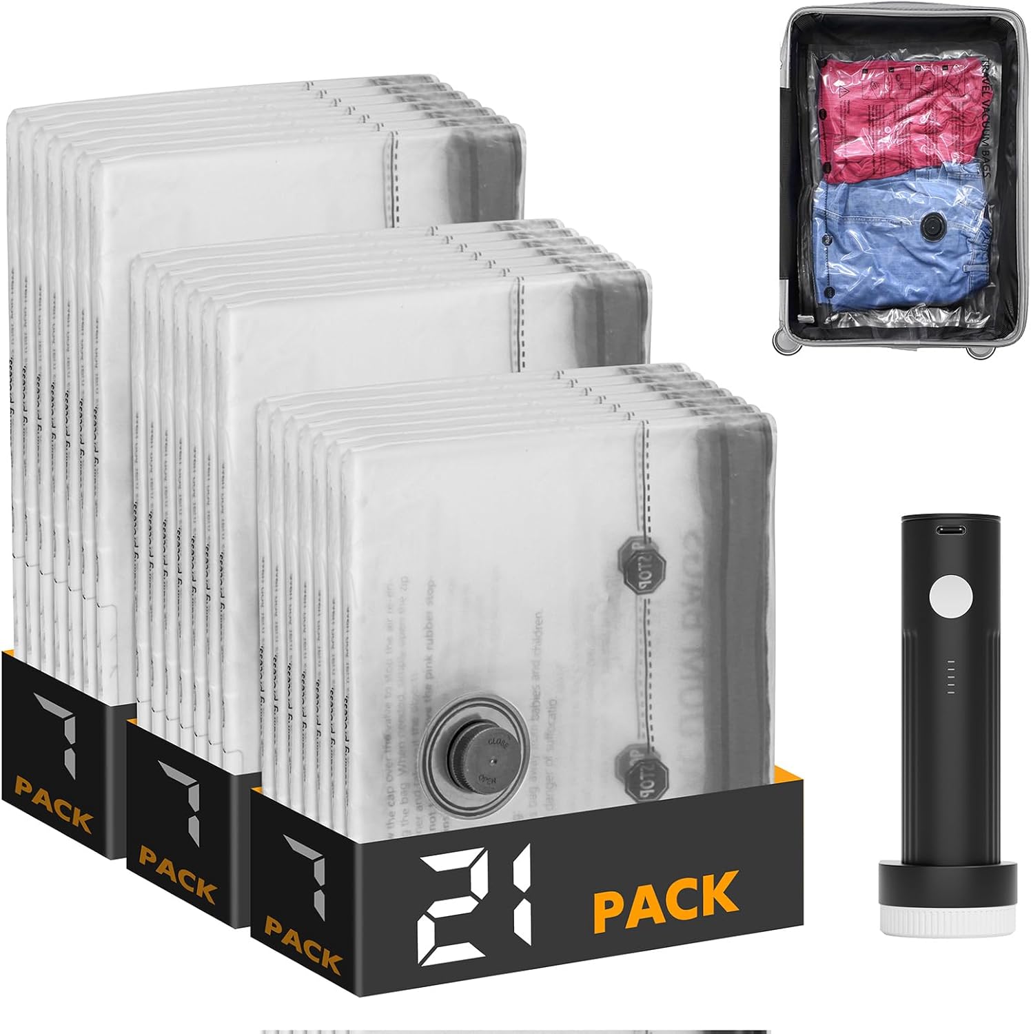 SpaceAid Travel Vacuum Bags for Luggage with Electric Pump, 24 Pack Vacuum Seal Bags for Clothing Travel, Space Saver Compression Bag for Backpack and Suitcase