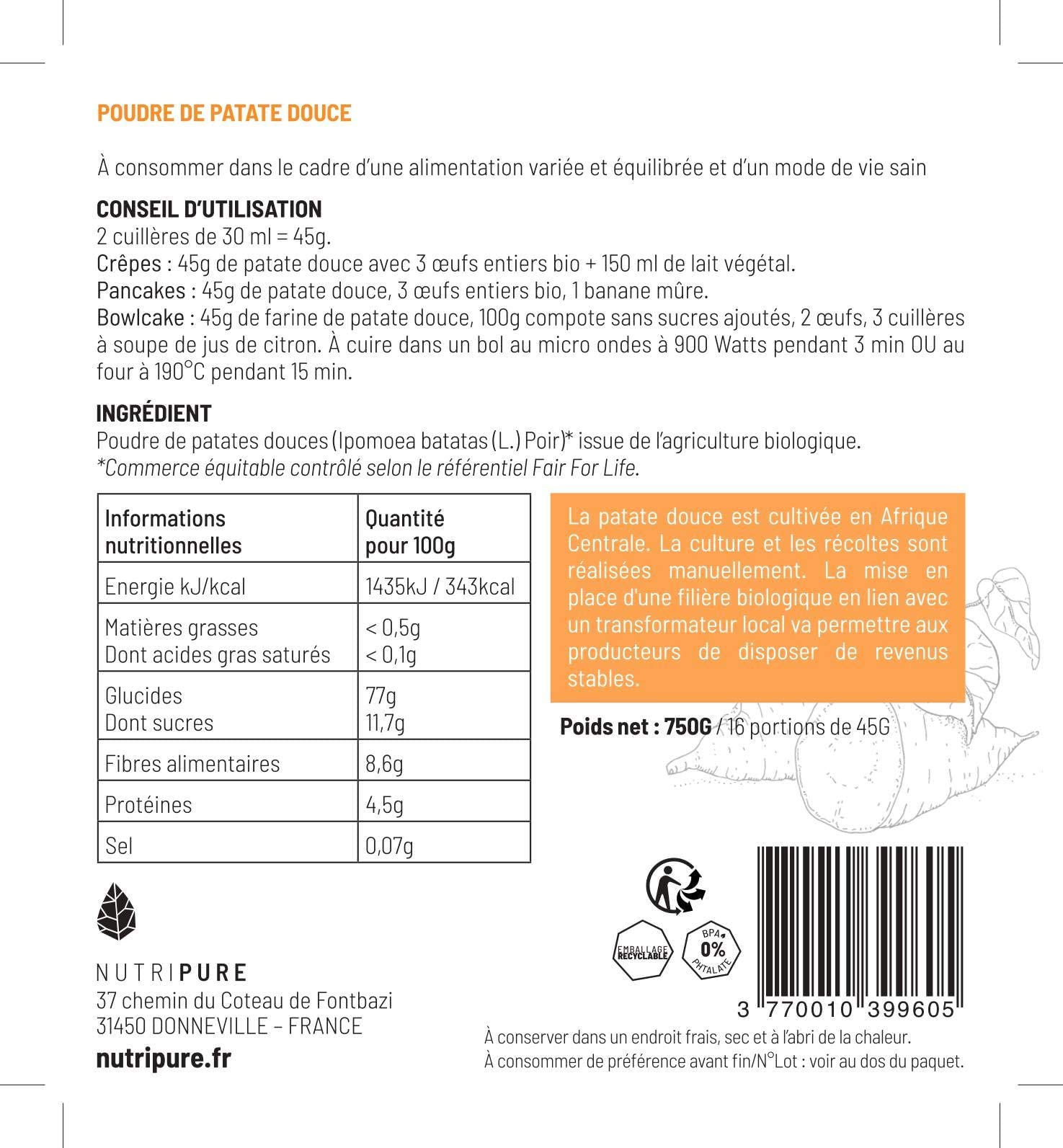 Nutripure | Farine de Patate Douce BIO & Vegan | 100% Naturelle | En Poudre | Alternative sans Gluten & OGM | Basifiant | Indice Glycémique Bas | Idéale au petit déjeuner & en Pâtisserie | 750 G