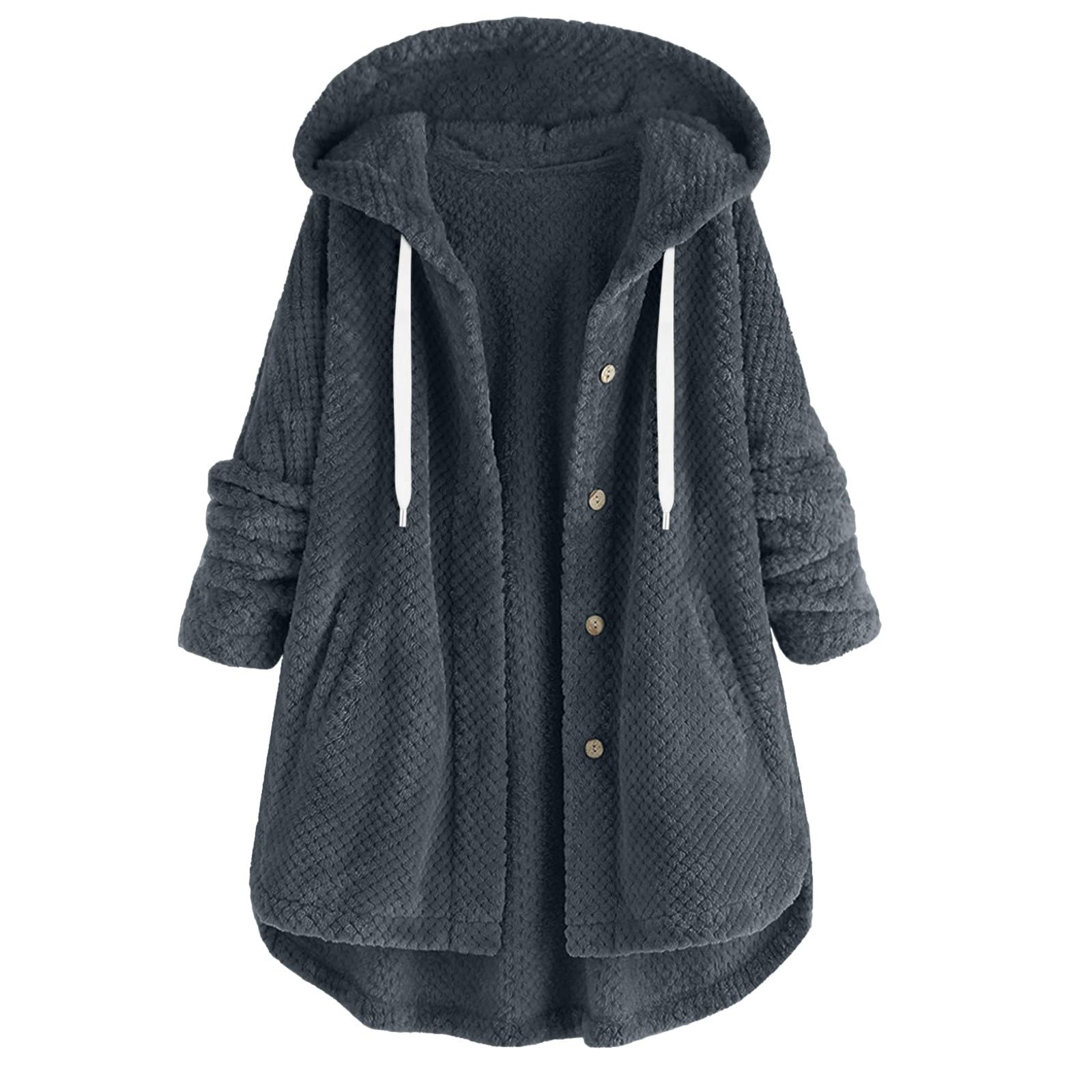 GenericLadies Autumn Winter Solid Color Hooded Long Sleeve Buttons Pockets Cardigan Coat Irregular H Simple Jacket Outwear