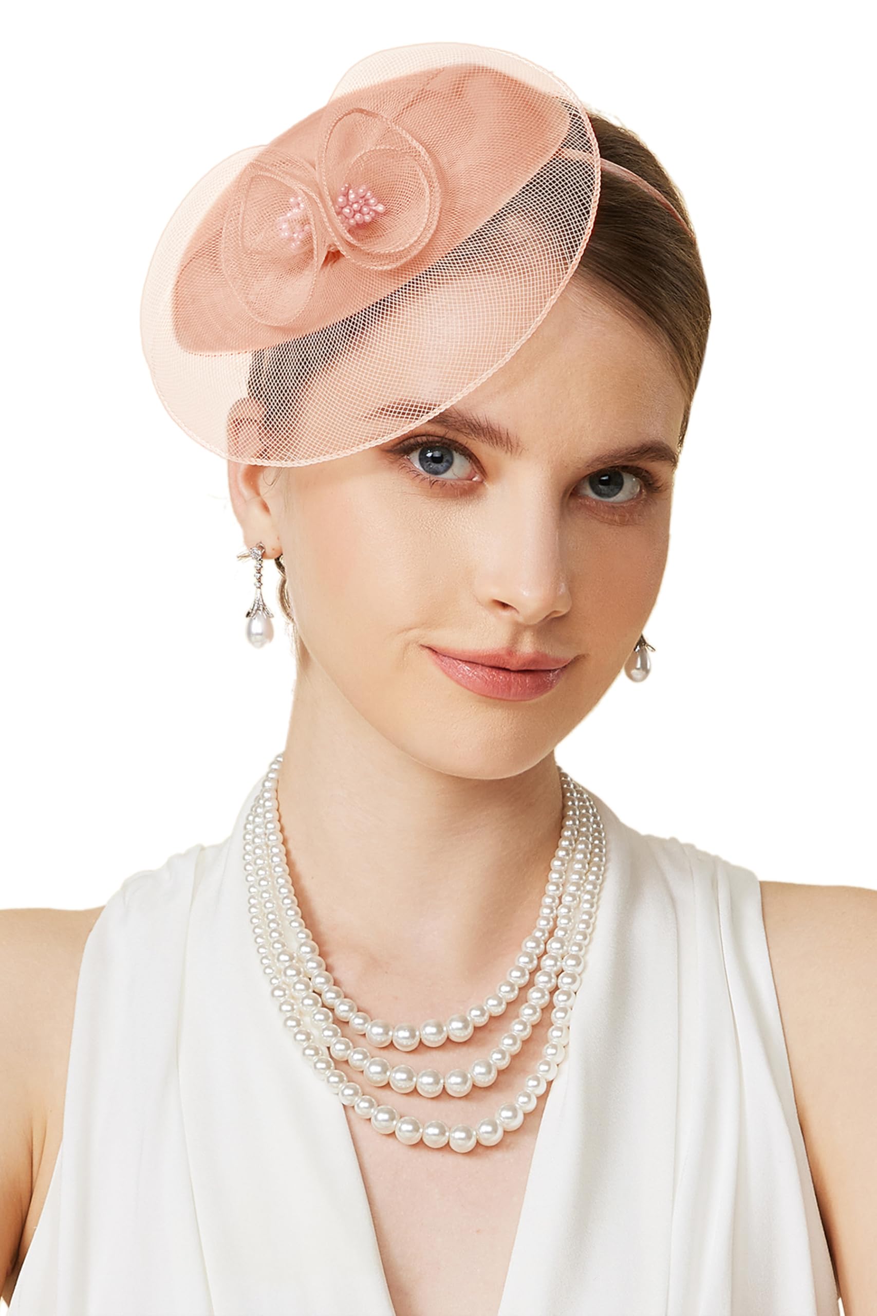 BABEYOND Tocado para mujer, elegante gorro con diadema de flores de malla y clip para el pelo para bodas, día de carrera de damas, fiesta de cóctel