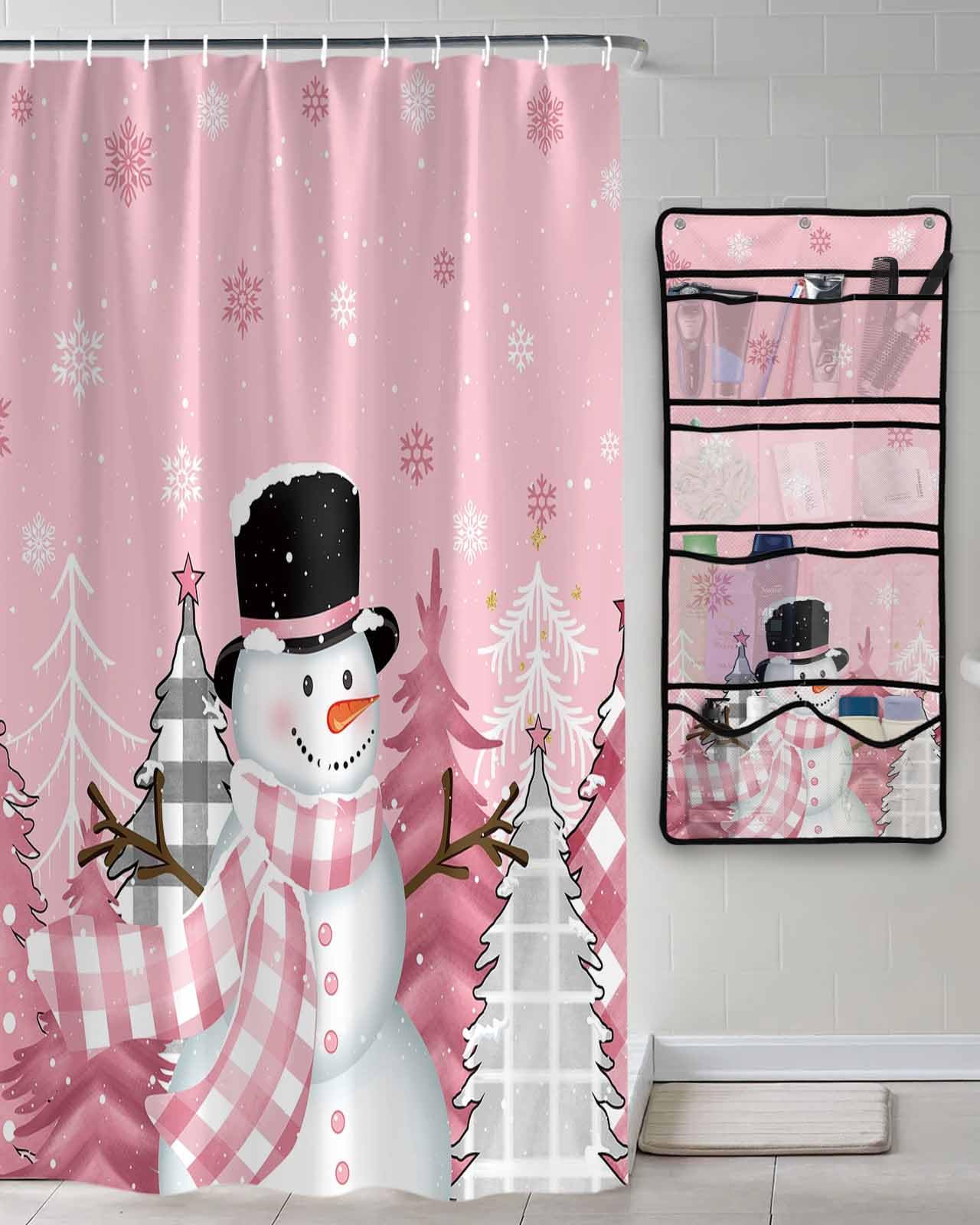 Shower Curtain Mesh Shower Organizer Hanging Set Pink Christmas Snowman Xmas Tree Snowflake Waterproof Shower Curtains with 10