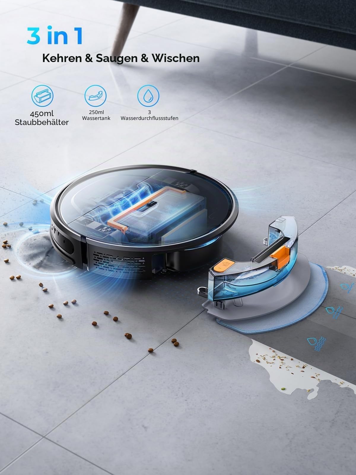 Laresar Clean Saugroboter mit Wischfunktion, 4500Pa Saugrobotert, 3 in 1 Staubsauger Roboter funktioniert mit Alexa, 180 Minuten Laufzeit, Ideal für Tierhaare, Teppich, Hartboden