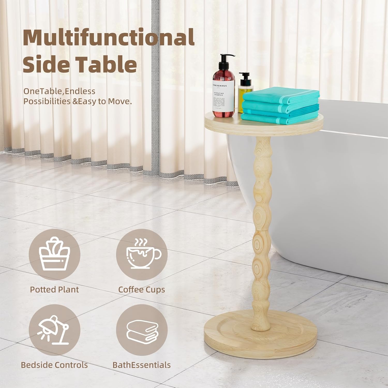 Simple Trending Round Side Table, Small Drink Table, Beside End Table with Pedestal Accent, Coffee Table for Small Spaces, Natural Wood