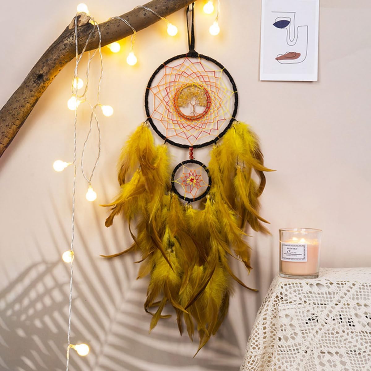SHINEOFI Tree of Life Dreamcatcher Pendant Hanging Decor with Crystal Beads, Handmade Wall Hanging Dream Catcher for Bedroom and Balcony, Boho Home Décor Accent