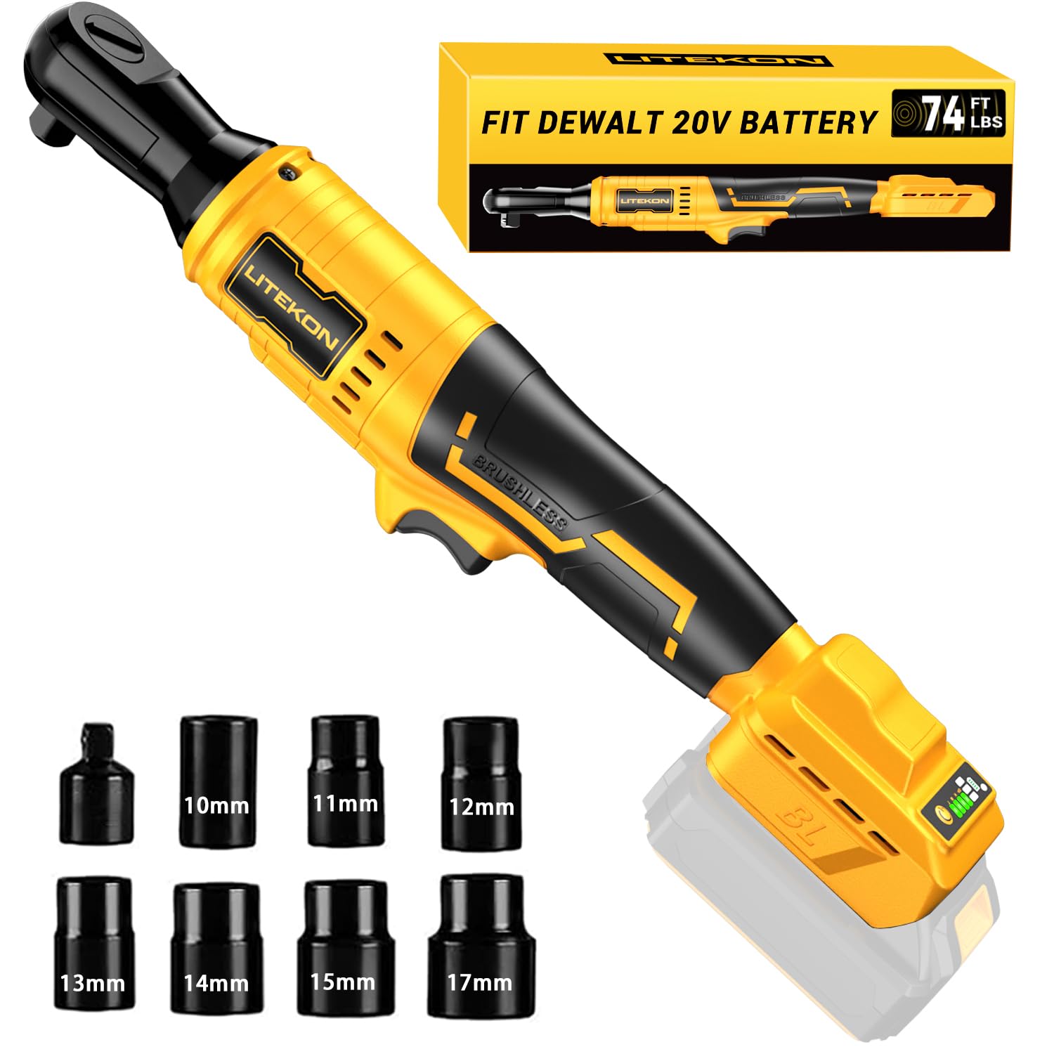 LITEKON Cordless Ratchet Wrench Set Compatible with𝗗𝗘-𝗪𝗔𝗟𝗧 20V Max Battery (No Battery) - 74Ft-lbs 650 RPM High Power 3/8-inch Brushless