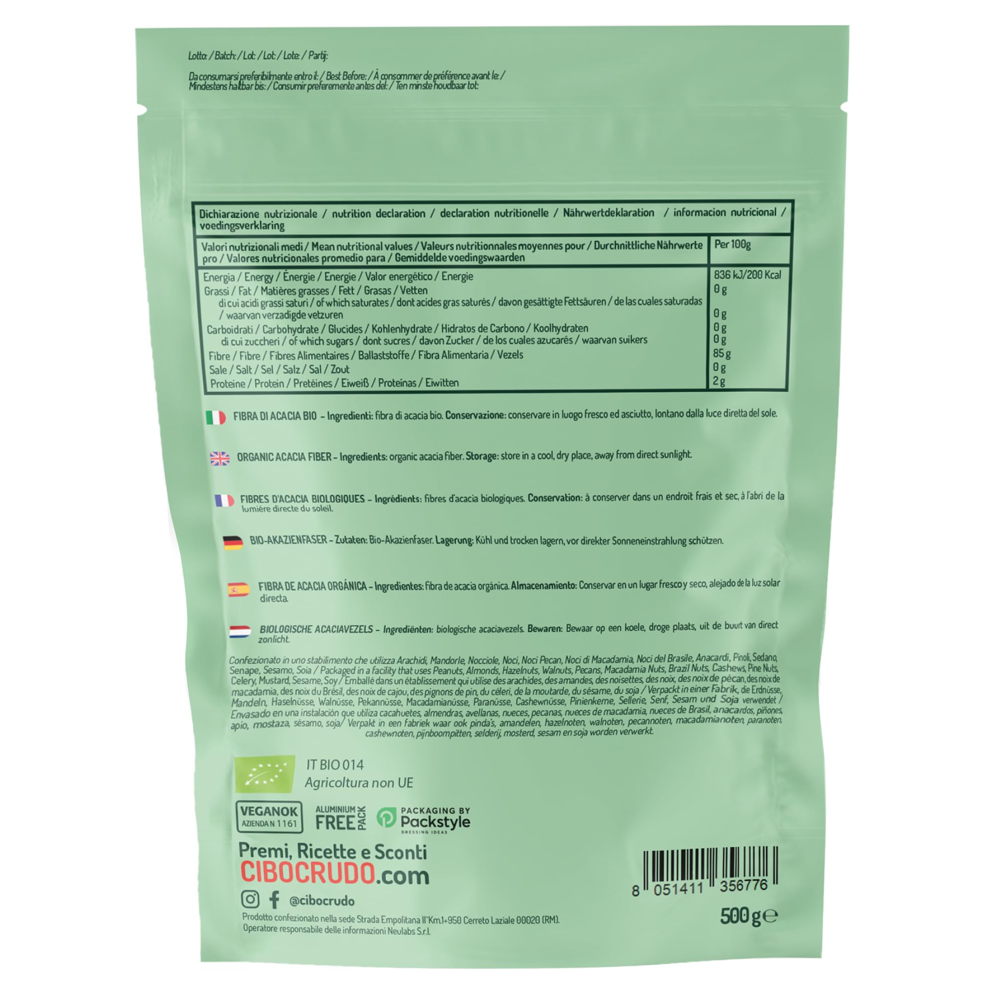 CiboCrudo Gomme Arabique Bio - 500g. Fibre Alimentaire d'Acacia Riche en Fibres (85%) et Sans Sucres. Fibre Soluble Végétaliennes Excellentes pour es Régimes Cétogènes et la Digestion.
