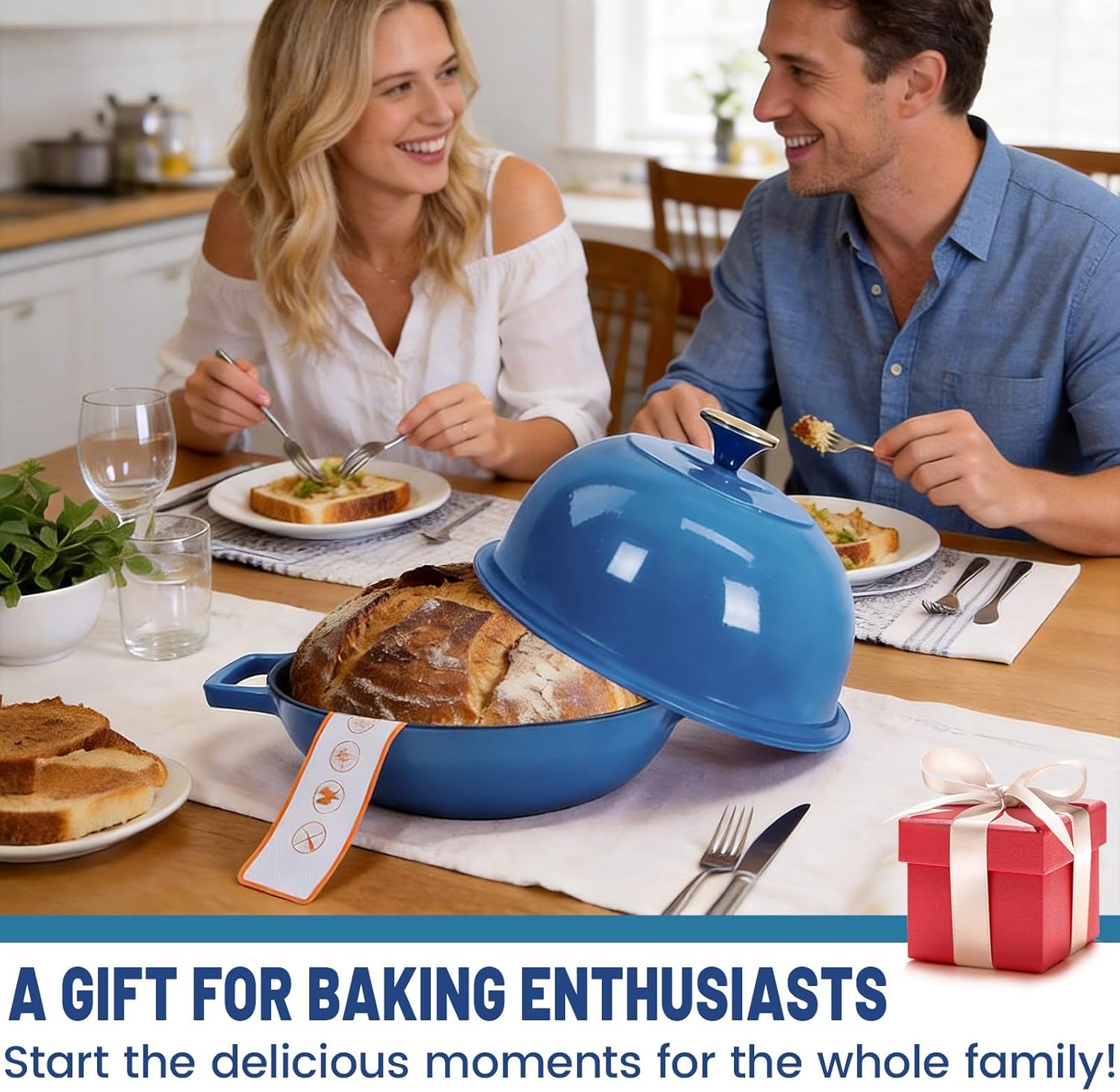 Cast Iron Bread Oven, Enameled Dutch Oven for Baking Sourdough Bread with Dome Lid & Complete Accessory Kit for Bread, 5QT (Blue)