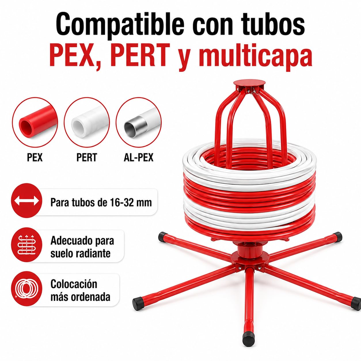 Desenrollador de Tubos para Suelo Radiante 16-32 mm, Enrollador PEX/PERT/AL-PEX con Soporte de Pie, Capacidad 200kg, Diámetro Ajustable y Bolsa de Transporte