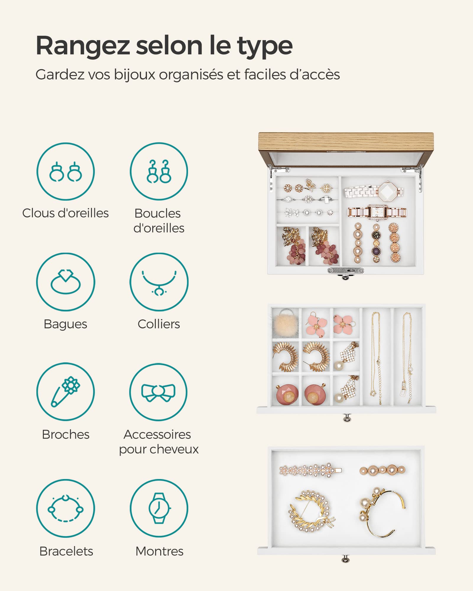 SONGMICS Boîte à Bijoux à 3 Niveaux, Rangement à Bijoux en Bois d'Ingénierie, Coffret à Bijoux avec Tiroirs, pour Bagues, Boucles d’Oreilles, Bracelets, Colliers, Blanc JOW15WN