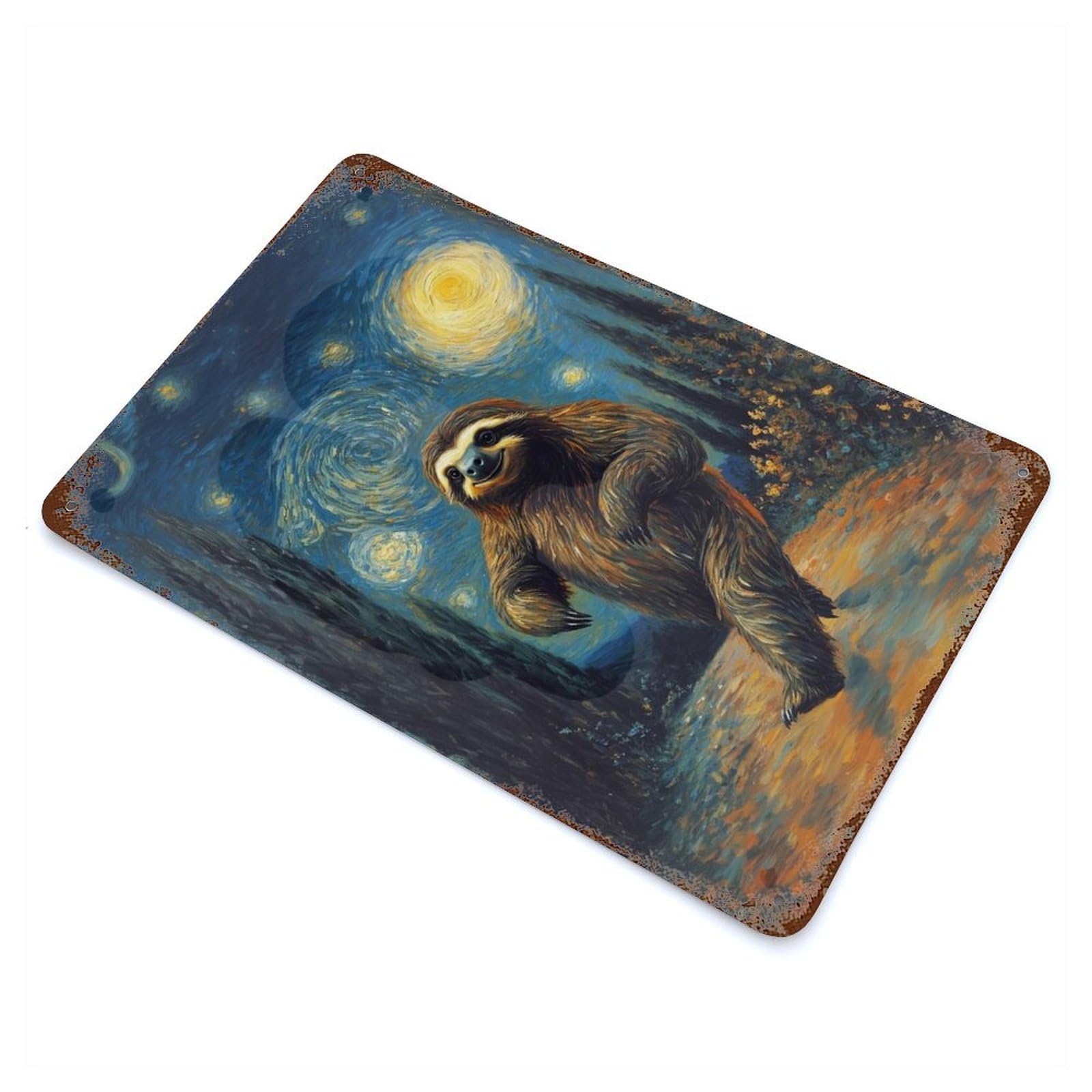 Sloth in Starry Night Rustic Tin Plaque 11.8"x7.9", Novelty Wall Decor for Garage, Pub Or Kitchen