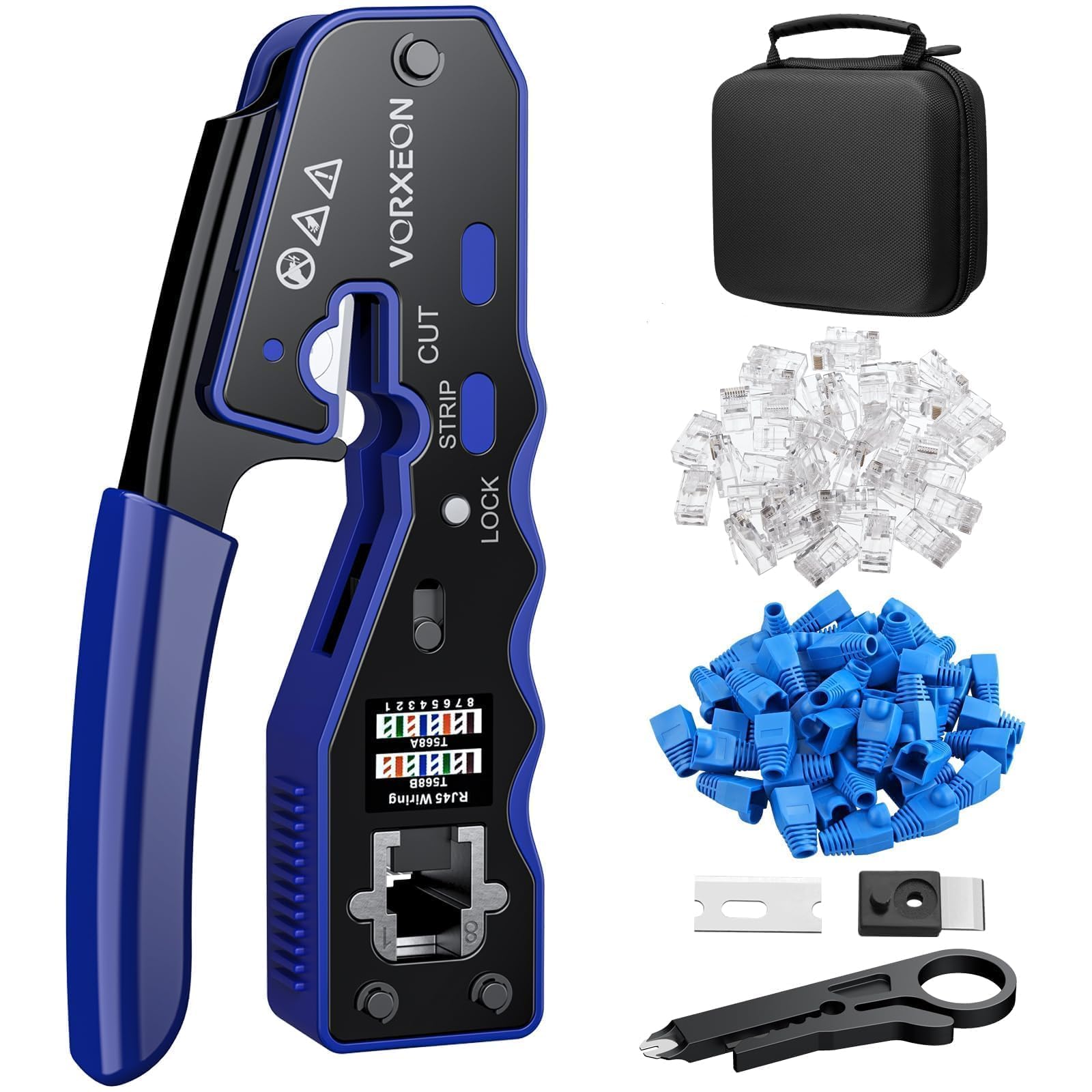 RJ45 Crimp Tool Pass Through Kit Ethernet Crimper For CAT5/CAT5E/CAT6/CAT6A With 50 PCS RJ45 Cat6 Connectors And Mini Wire Stripper