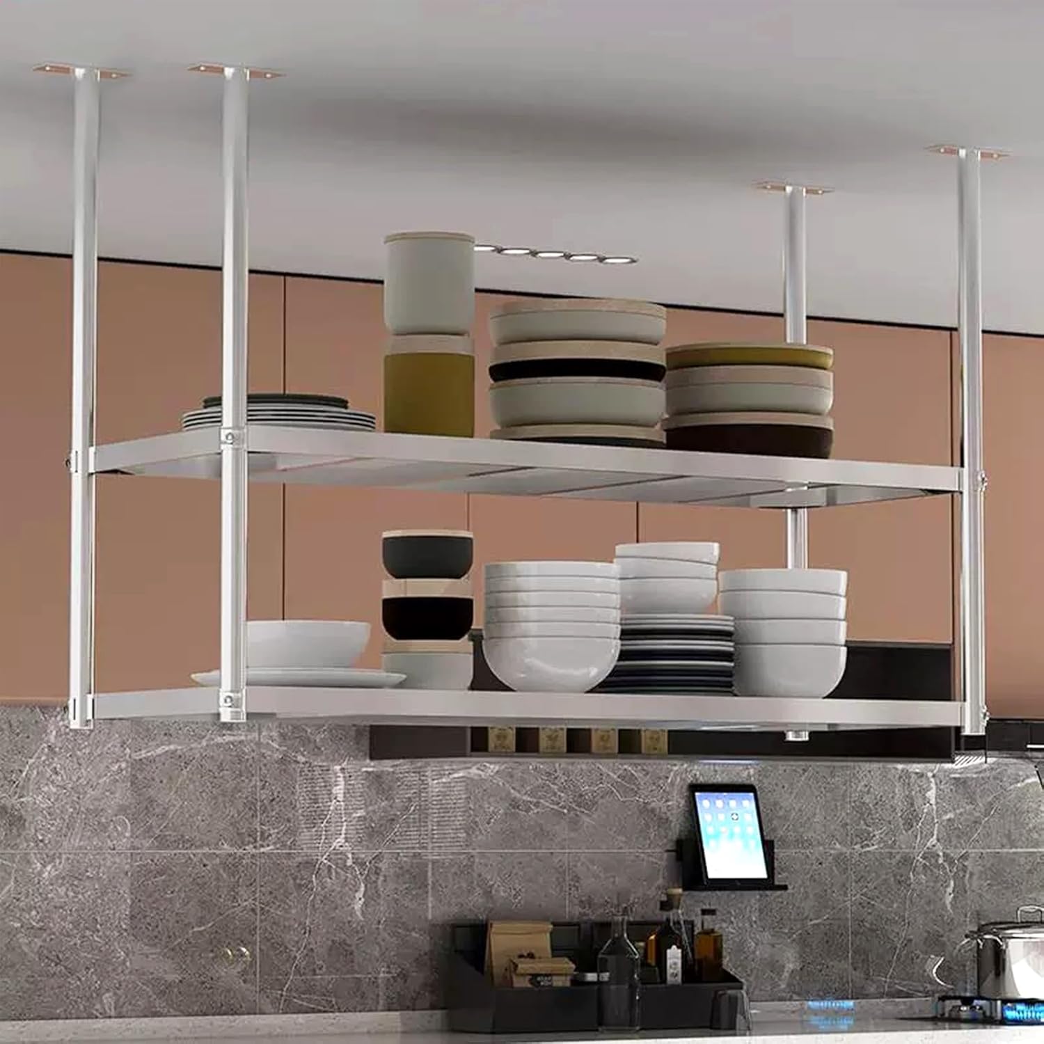 Hanging Floating Shelf - 2-Tier Stainless Steel Ceiling Hanger, Kitchen Storage Shelving Restaurant Bar Display Stand, Pot Rack/Wine Rack/Tray Holder, Silver (Size : 80x35x80cm)