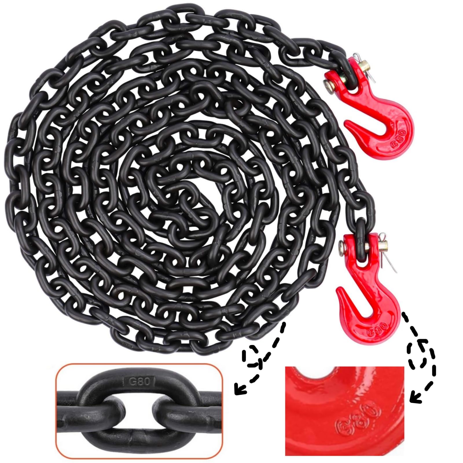 Cadenas de remolque G80 con ganchos resistentes, cadena de transporte de 3/8 pulgadas x 20 pies, cadena de remolque para transportar tractores y camiones, carga de trabajo segura de 7