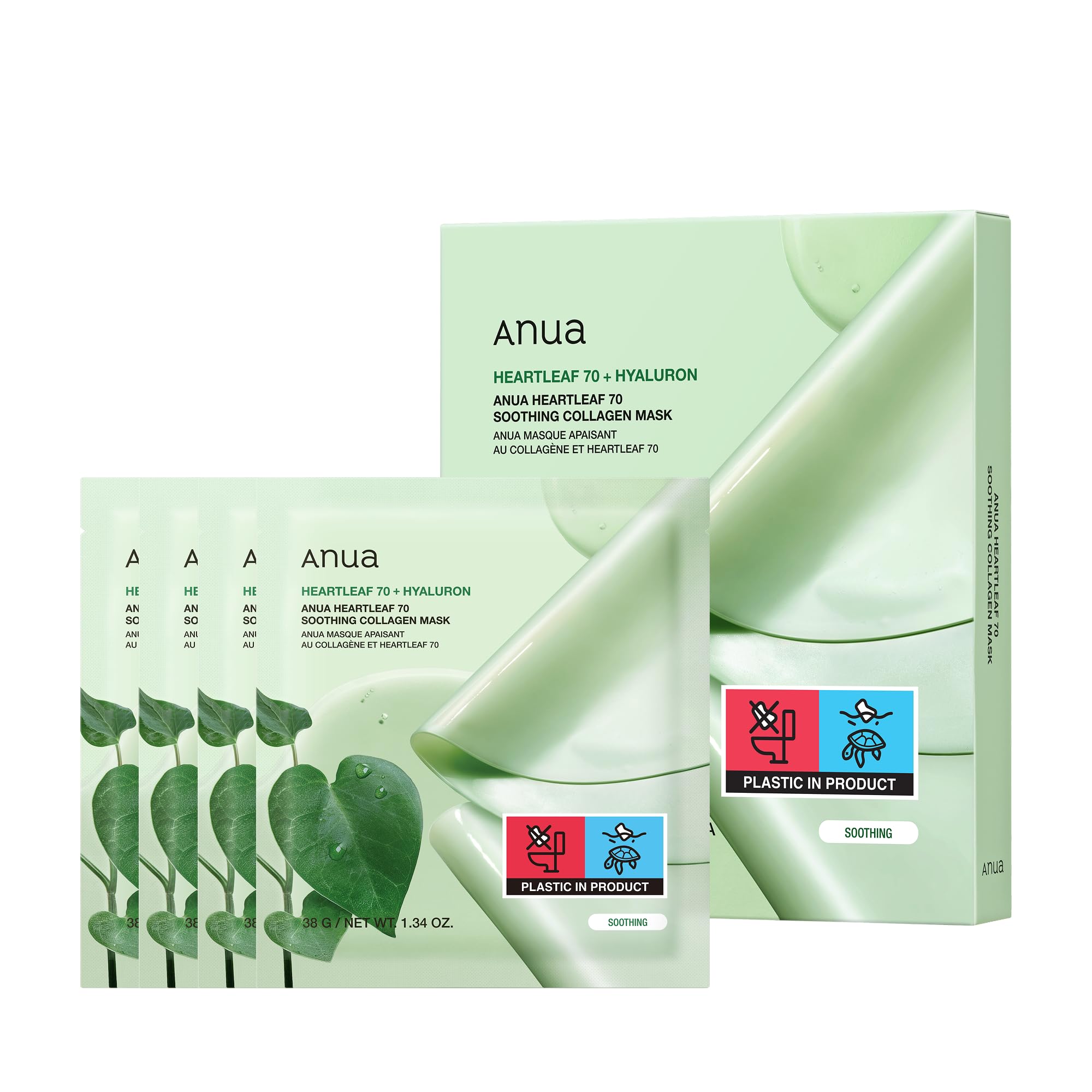 Anua Heartleaf 70 Soothing Kollagen Mask, Overnight Gesichtsmaske für Glass Skin, Hyaluronsäure, Feuchtigkeitsspendende Maske für empfindliche Haut, Natürliche Farbe, Korean Skincare (38 g, 4 Stück)