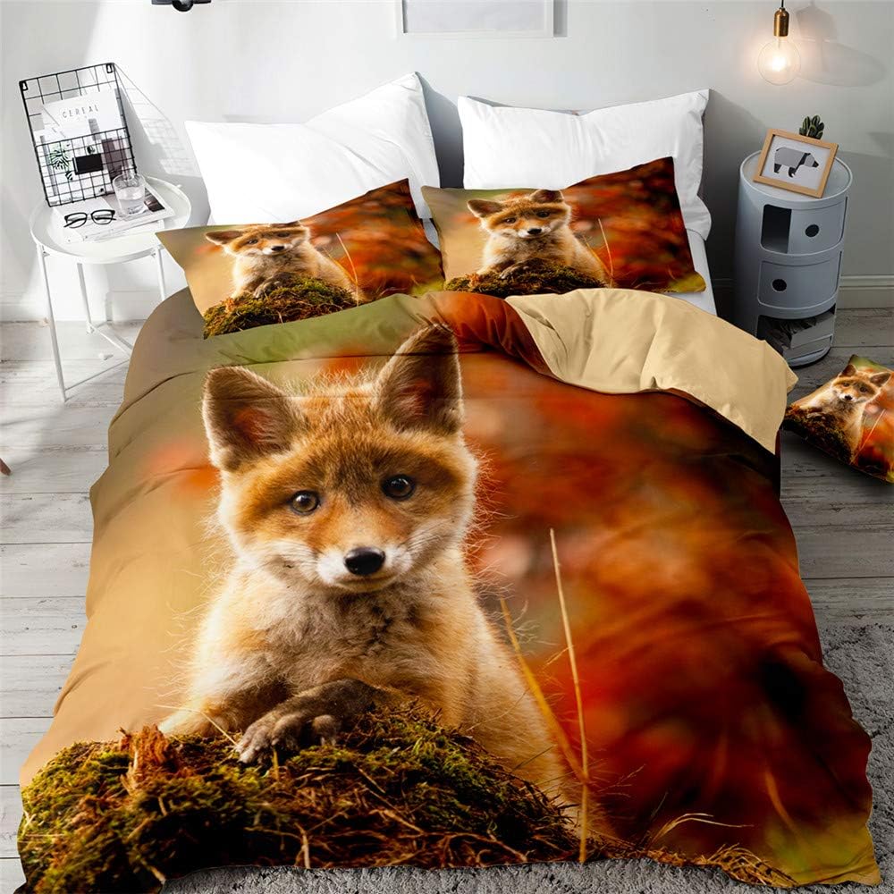 Fox Print Duvet Cover Bedding Set 2-Piece 135 x 200 cm, Morbuy 3D Animal Print Brown Bedding Set Girls Boys Children Deluxe Microfibre Soft Duvet…