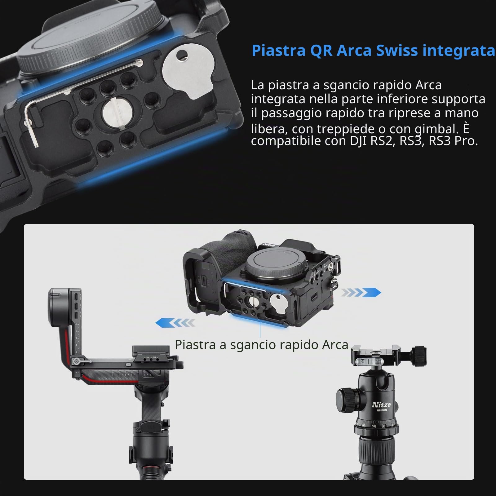 Nitze A6700 Cage, Gabbia per Sony Alpha 6700 Fotocamera con Morsetto per Incorporato Cold Shoe, NATO Rail e Piastra Sgancio Rapido Arca - T-S12A