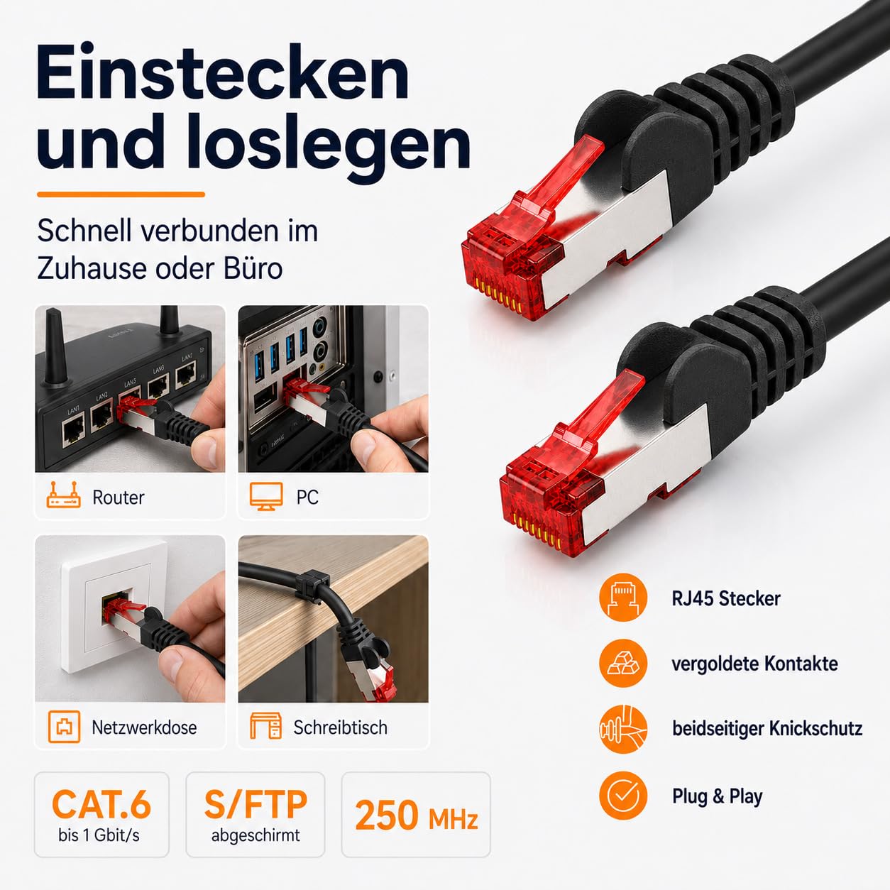 1aTTack.de 10x 10m Cat6 Cat.6 Ethernet-Kabel Cat 6 Netzwerk-Kabel Patch-Kabel RJ45 SFTP - Blau