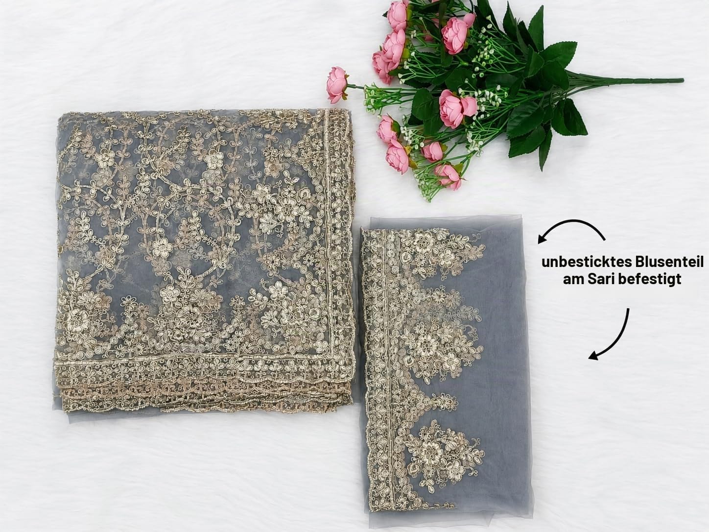 TRENDMALLS Damen Netz Stickerei Sari mit ungesäumtem Blusenteil