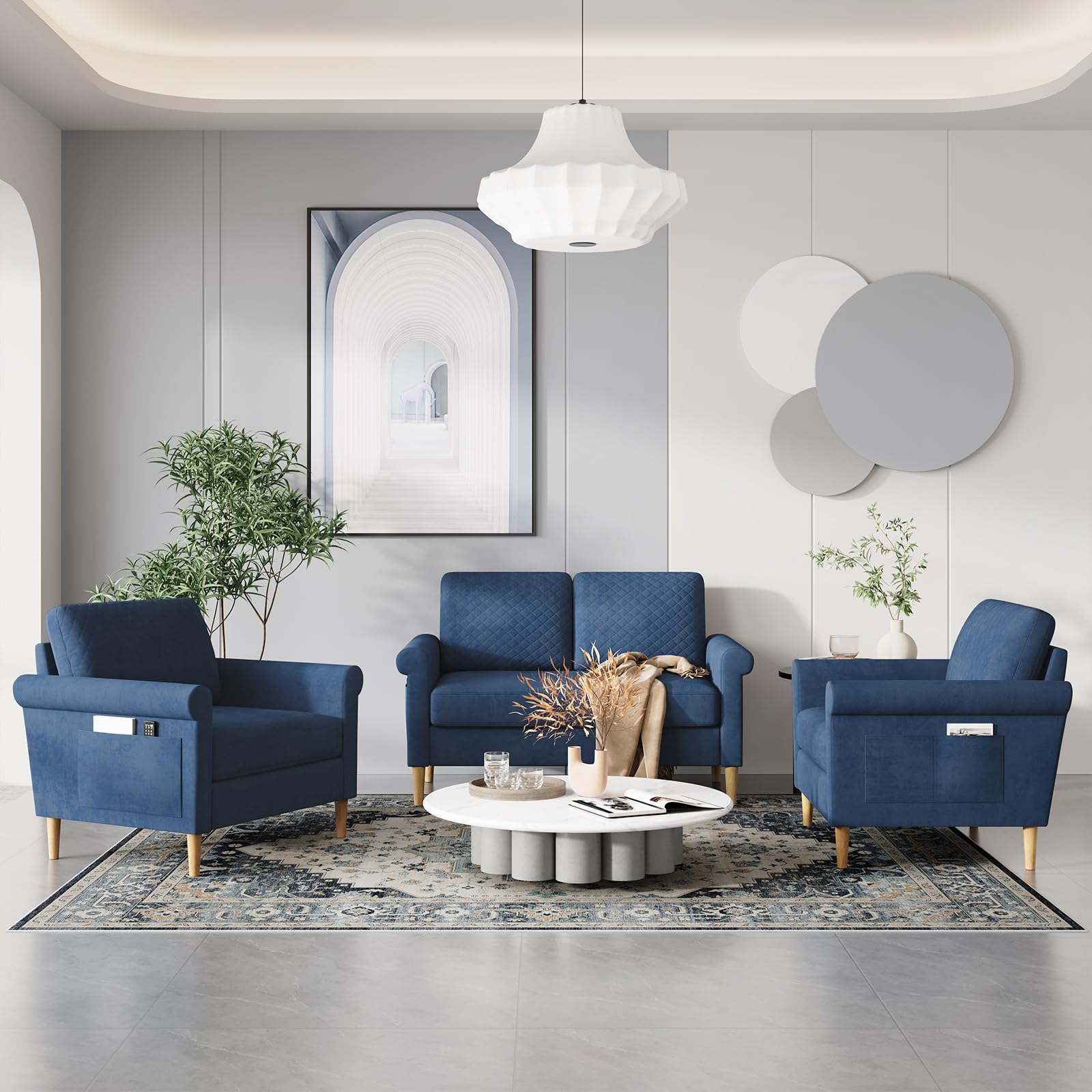Vesgantti Sofá Pequeño de Tela de 2 Plazas, con Bolsillos de Almacenamiento en Ambos Lados - Mini Sofá Acolchado Salón u Oficina, Montaje sin Herramientas - 123 x 70 x 88 cm, Azul