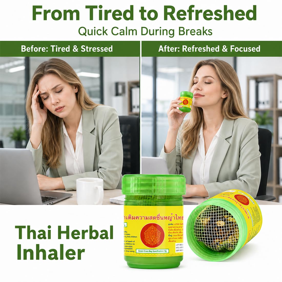 2 Pezzi Inalatore Thailandese, Inalatore a base di erbe Bottiglia verde, Ideale per la casa, l'ufficio o i viaggi