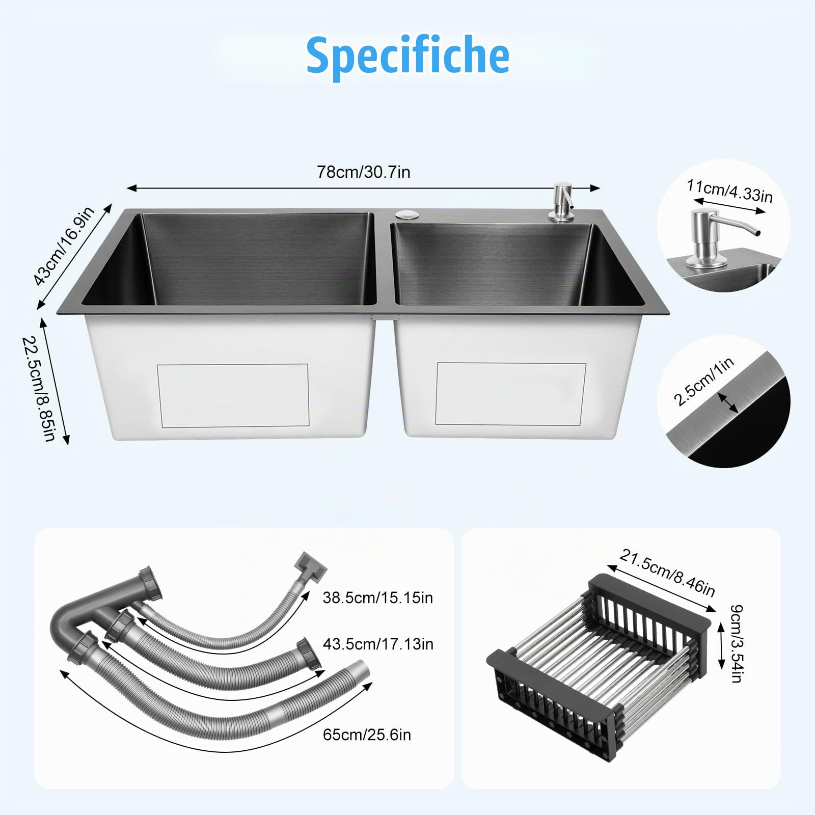 Lavello da cucina doppio in acciaio inox, 2 vasche da incasso, con scolapiatti e dispenser di sapone, colore: nero, 78 x 43 x 22 cm