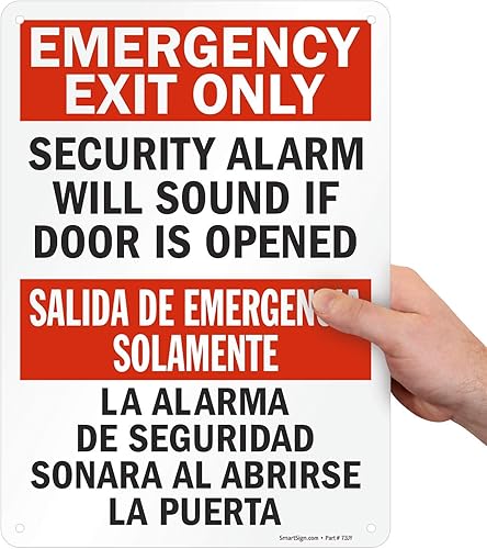 SmartSign Letrero bilingüe "Solo salida de emergencia la alarma de seguridad sonará si la puerta está abierta", plástico de 10 x 14 pulgadas