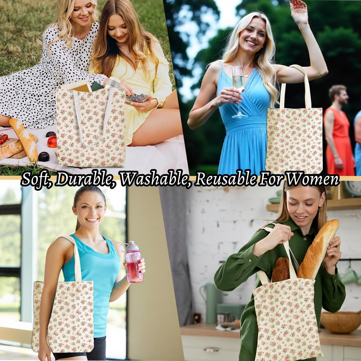 Aesthetic Flower Canvas Tote Bag Makeup Bag, Cosmetic Bags for Women Girls Sister Friend Plant Lovers Birthday Christmas Retirement Wedding Reusable Grocery Bags with Inner Pocket for Shopping - Image 6