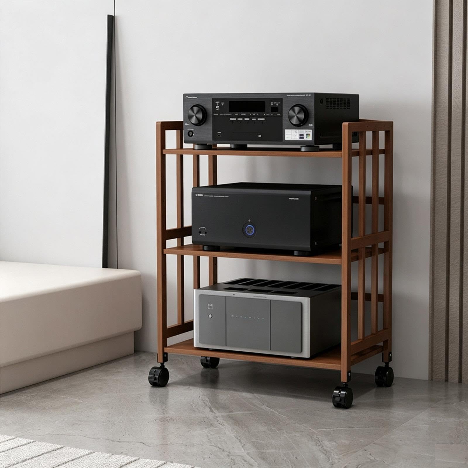 Rack audio in bambù naturale con ruote, mobile stereo HiFi a 3 livelli