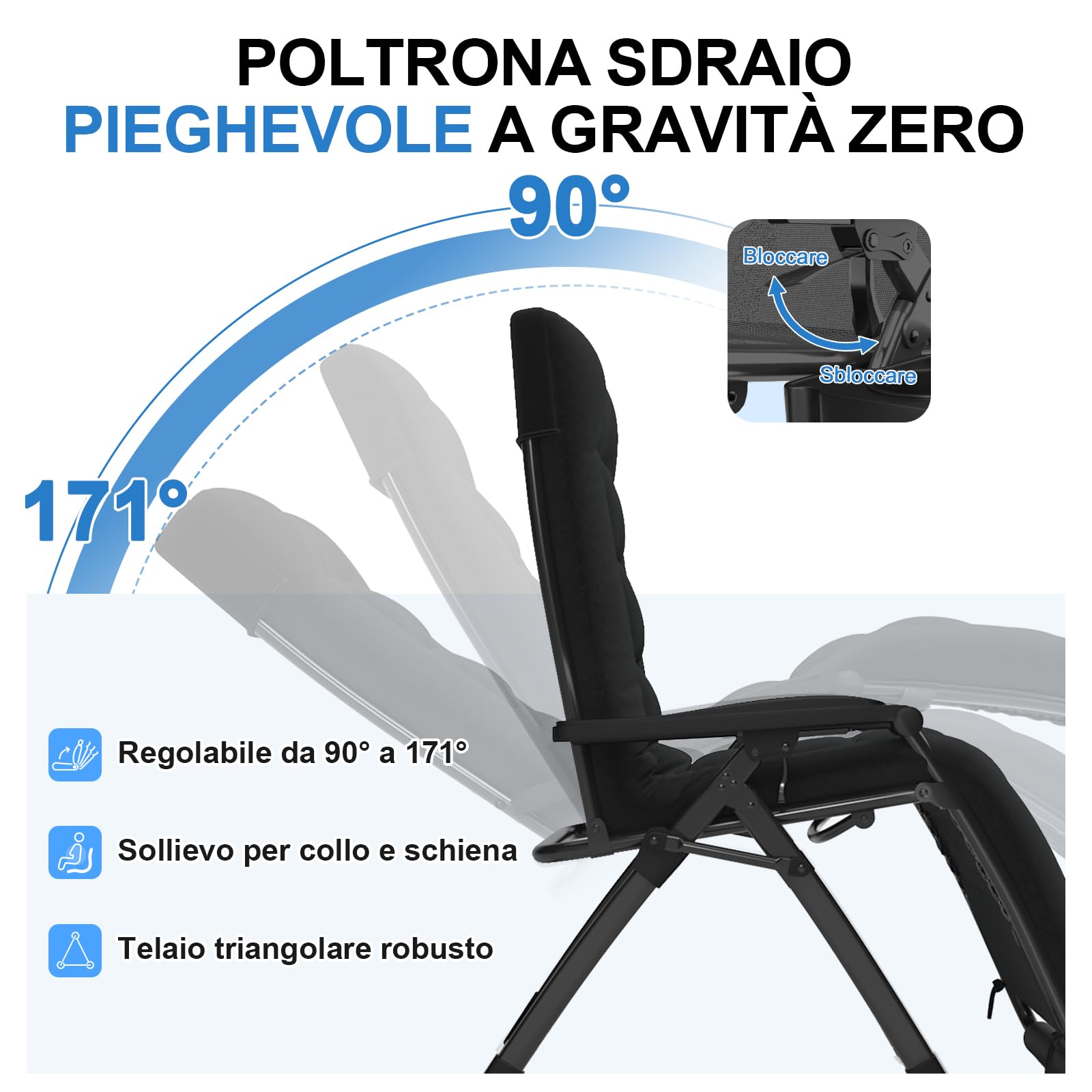 Generazione2 Poltrona Sdraio Pieghevole da Giardino, Sedia Sdraio Imbottita con Supporto Imbottito, Schienale Regolabile e Cuscino per il Collo, Portata 200 kg, Nero, 65cm