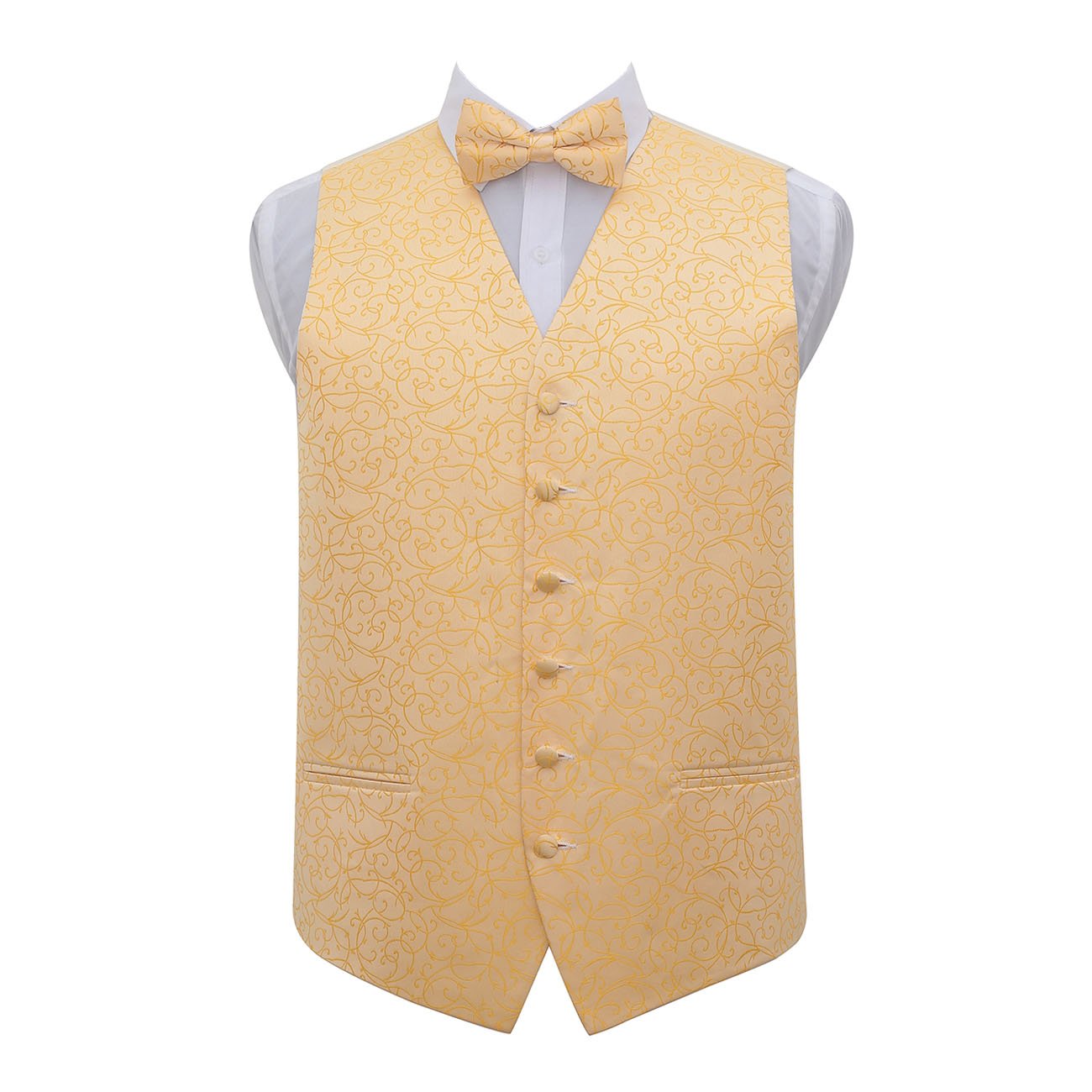 DQT Mens Swirl Jacquard Waistcoat & Pre-Tied Bow Tie Set (2pc) - Wedding, Business & Formal - Gold 48" (4XL)