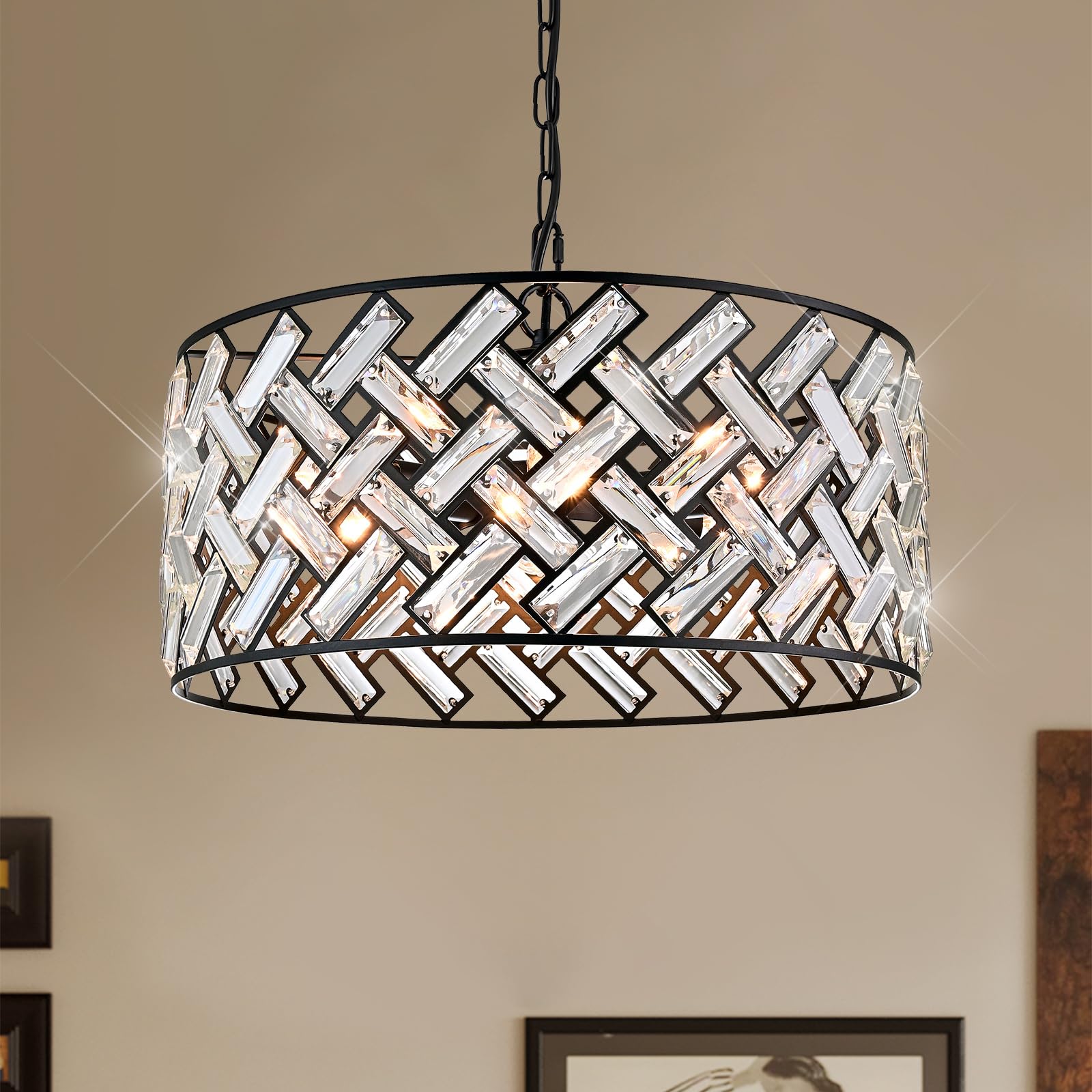 Black Crystal Chandelier, 18" Large Drum Ceiling Light, Modern 6-Light Crystal Pendant Lighting, Convertible Semi Flush Mount Hanging Fixture for Dining Room, Living Room, Bedroom, Kitchen, Hallway