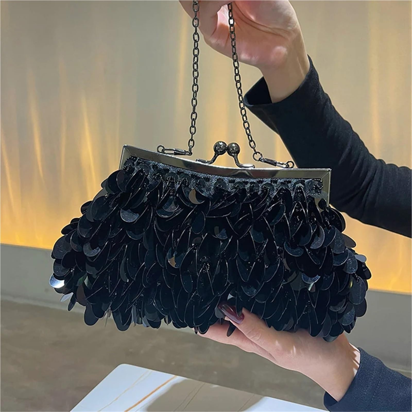 Borsa da sera con perline paillettes donna pochette for cena a tracolla catene intrecciate a mano glitterata Per Donna(Gold)