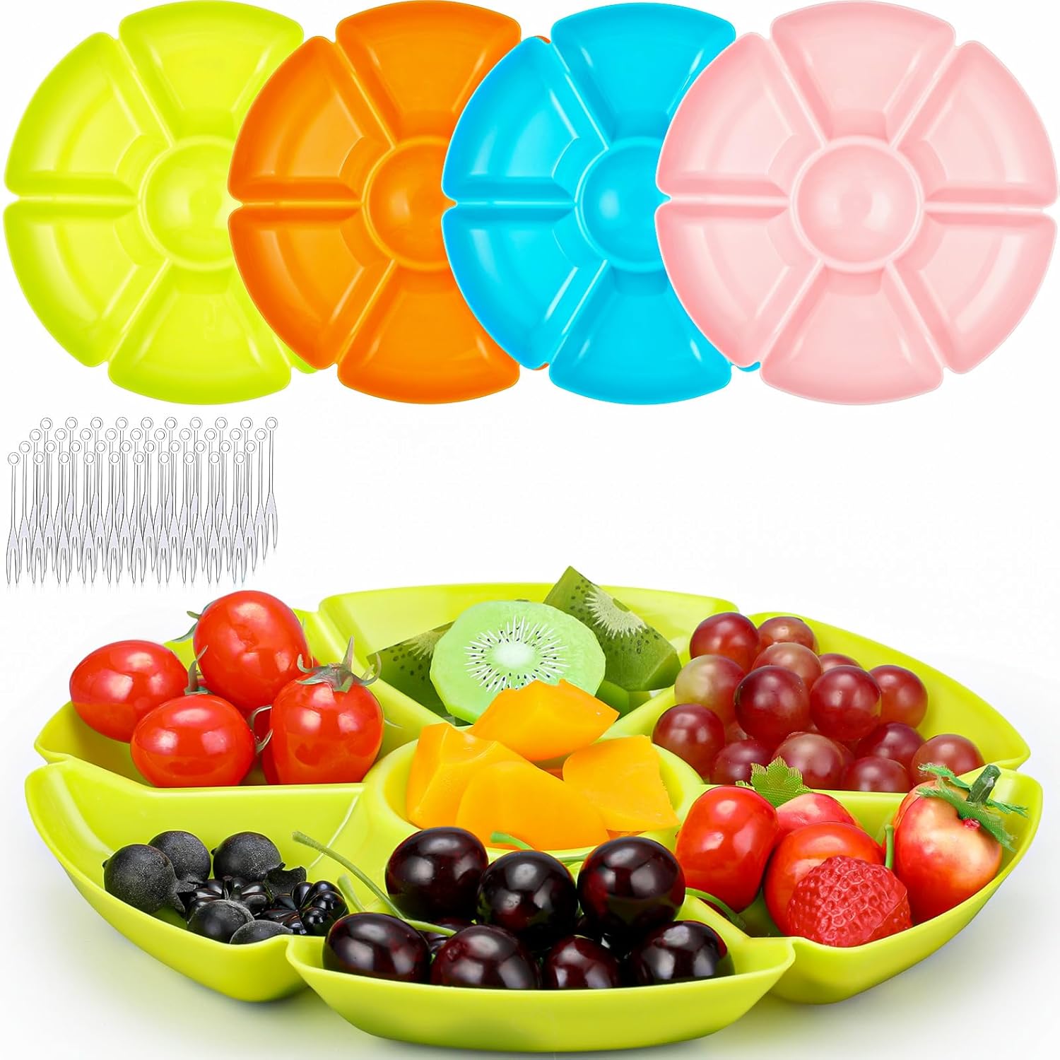 Zhehao 4 Pcs Sectional Heavyweight Plastic Divided Plates Serving Trays with 40 Disposable Forks 10.6" 7 Section Round Chip Dip Plate Snack Food Platter for Nut Candy Veggie Fruit(Lovely Color)