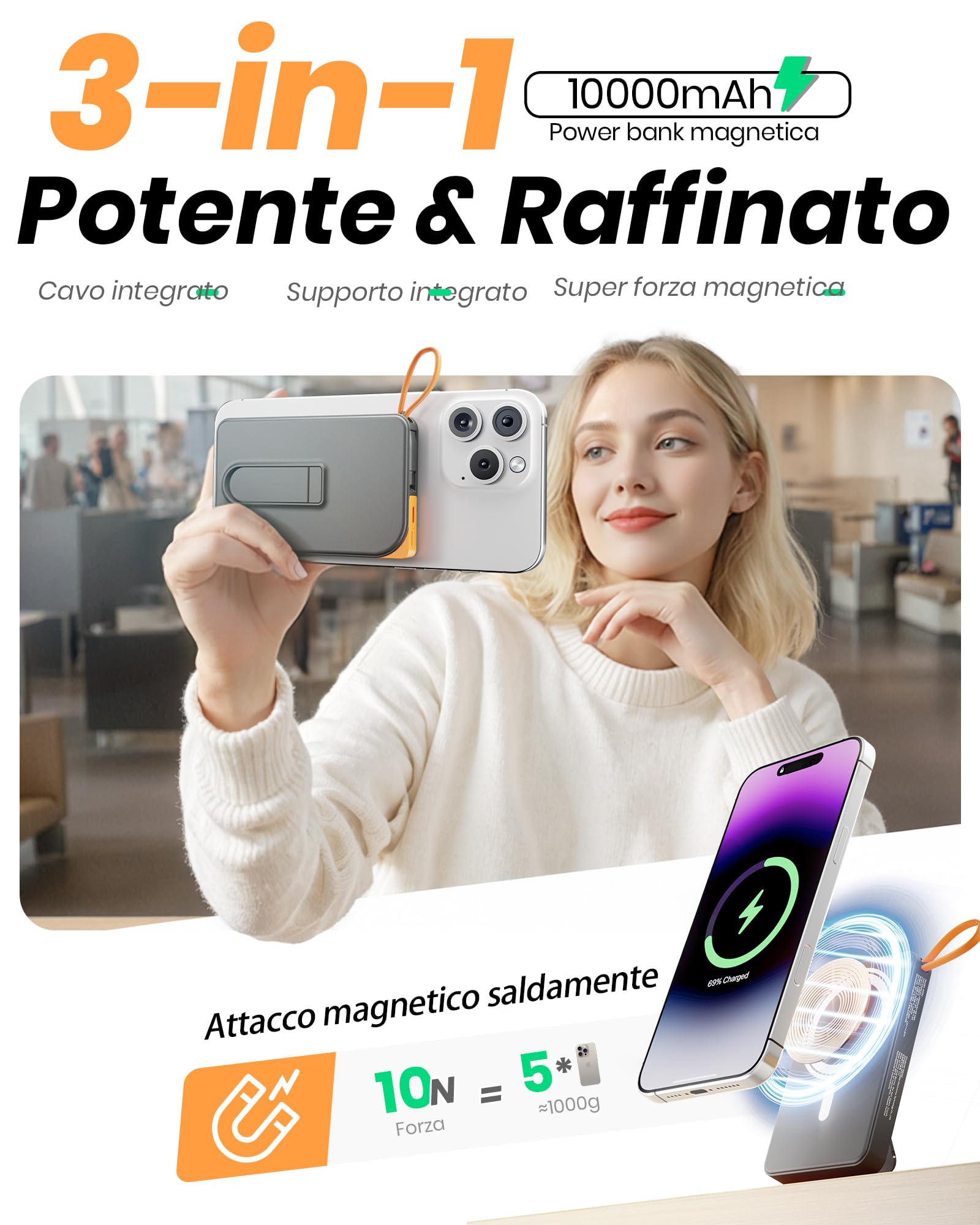 Powerbank Magsafe,10000mAh Power Bank iPhone Ricarica Rapida 22.5W a Cavo Integrato,Caricatore Portatile Magnetico con Display LED & Stand, Wireless Batteria Esterna per iPhone 17/16/15/14/13/12 Serie