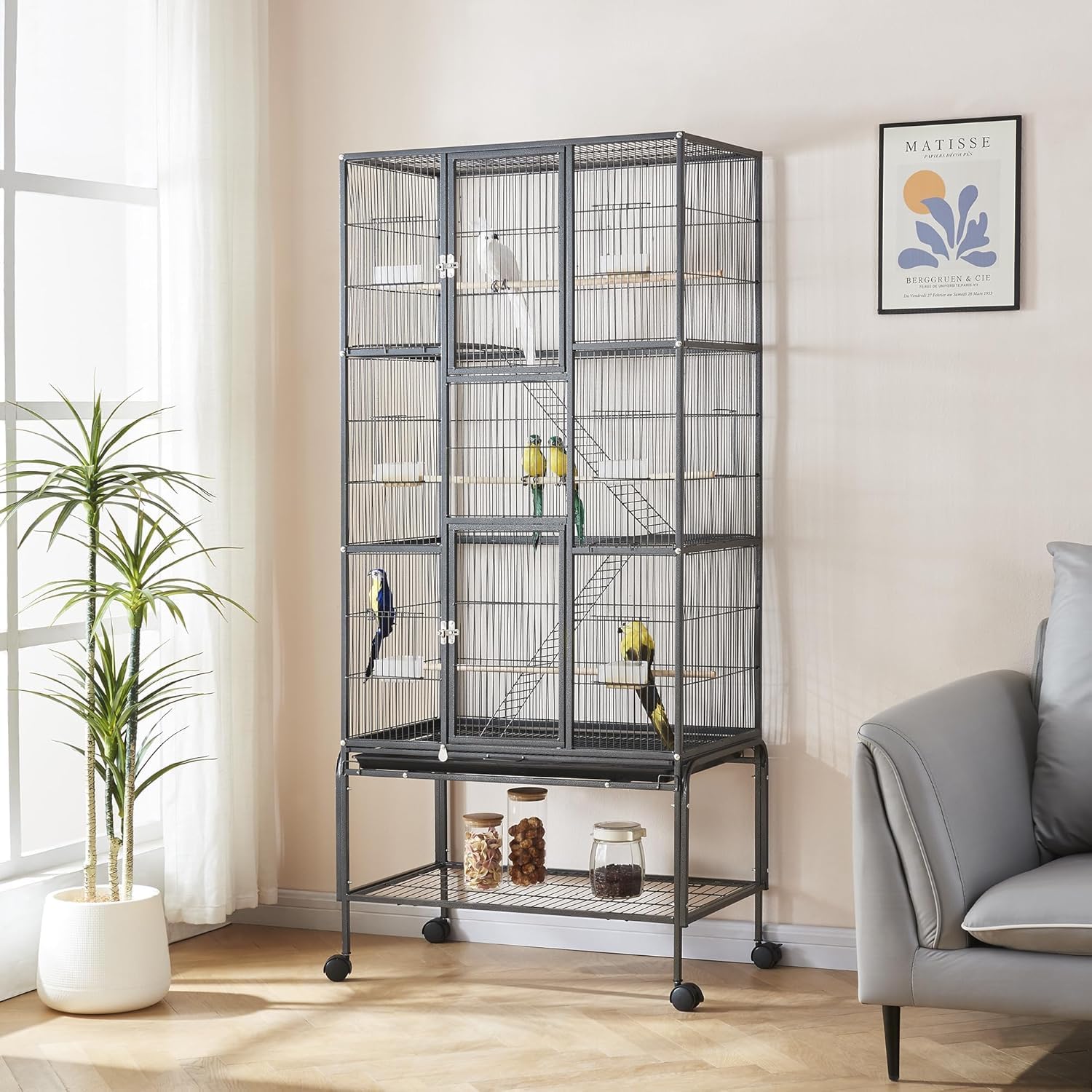 Large Bird Cage, 81L x 46W x 175H cm Metal Parrot Cage with Detachable Stand, Rolling Wheels, Easy Cleaning Tray, Feeding Bawls & Perch Stand, Wide Flight Animal Aviary for Budgies Conures Parakeets