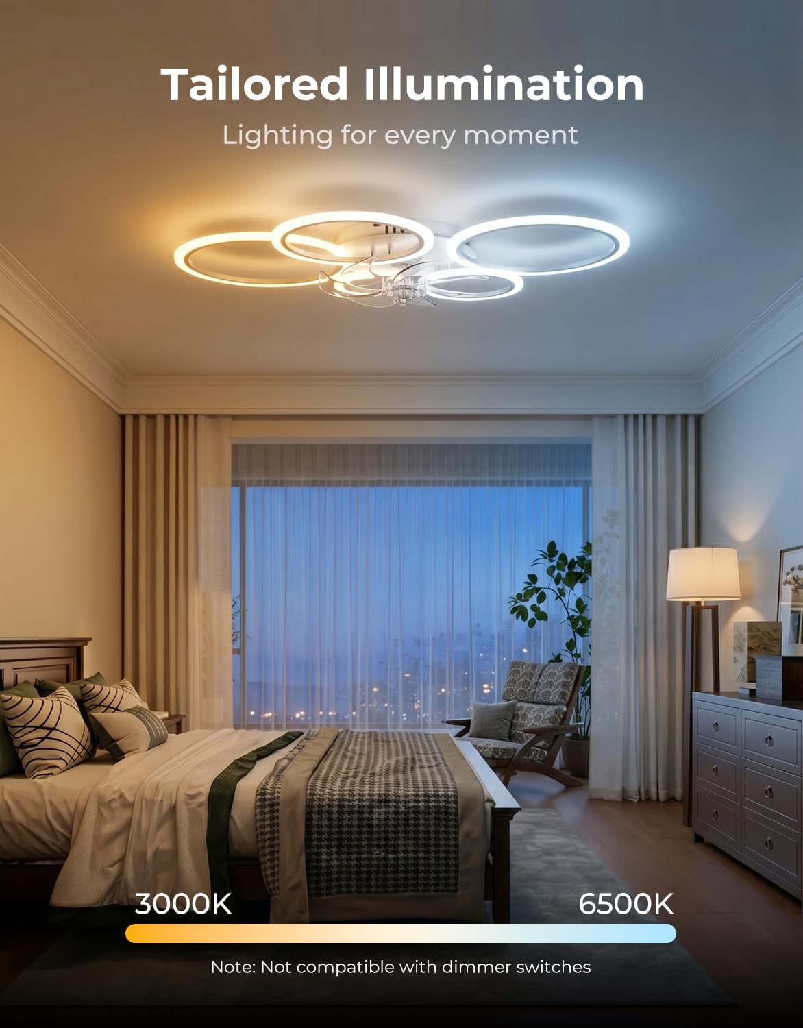 Lampara Ventilador Techo Led Compatible con Alexa, Google Assistant, Anillo Ventiladores de Techo con Luz Silencioso, Regulable, 6 Velocidades, Motor DC, Modo Verano/Invierno