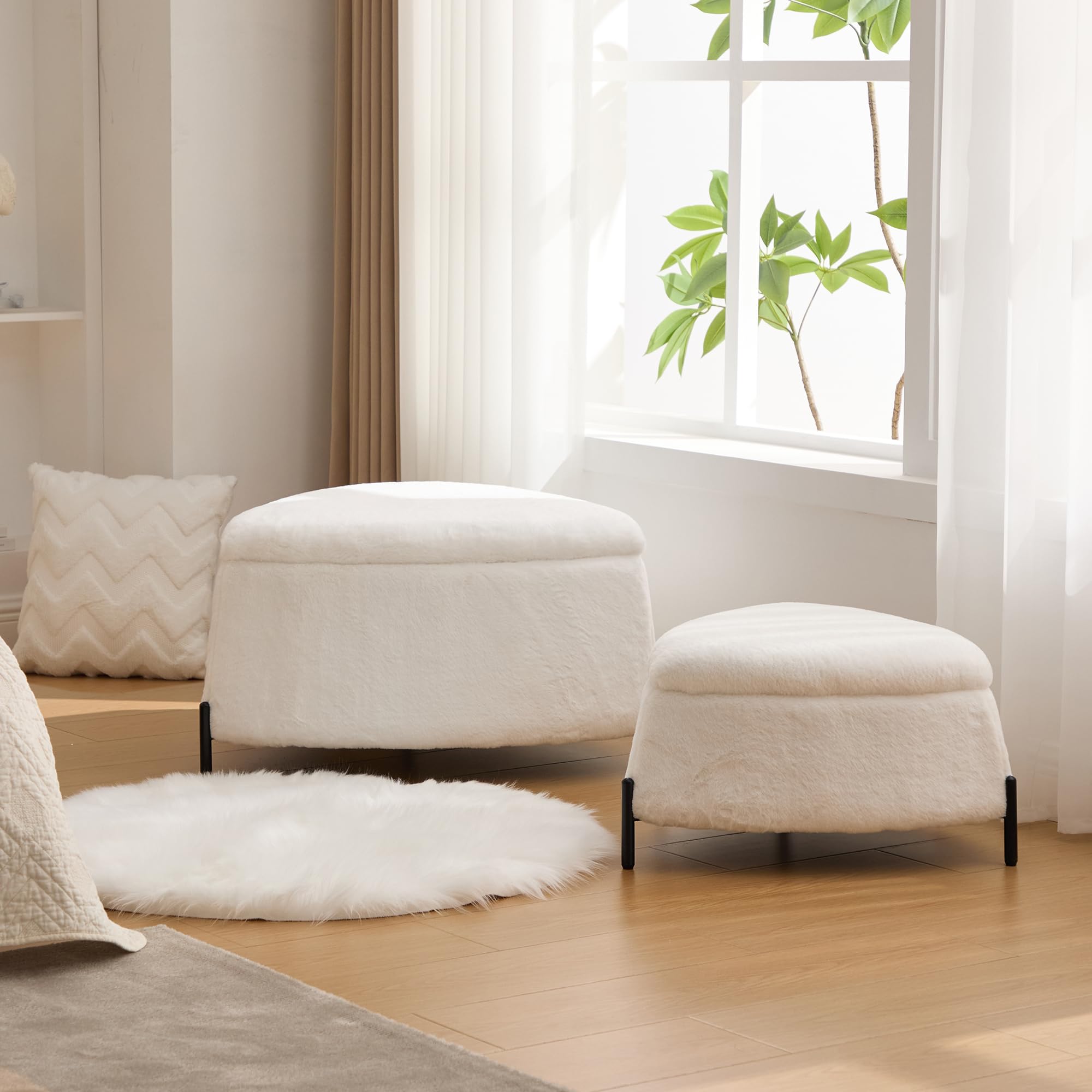 2-Piece Upholstered Storage Ottoman Set with Reversible Lid, Metal Legs - Ottoman Foot Rest, Ottomans Chests for Living Room, Bedroom, Entryway as Coffee Table, Footstool, Shoe Bench,White