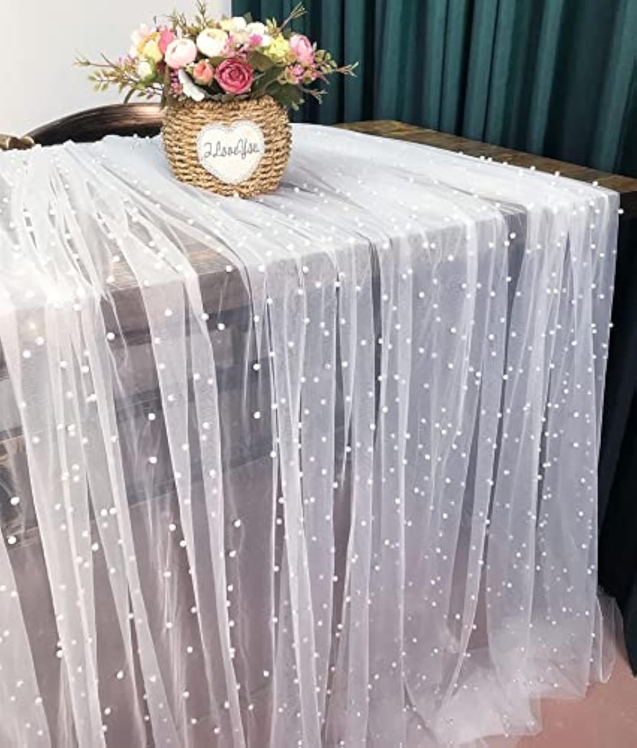 White Table Runner Wedding Veil Beaded Pearl Lace Fabrics Table Decorations Soft Tulle Tablecloth with Big and Small Pearls 120" Length