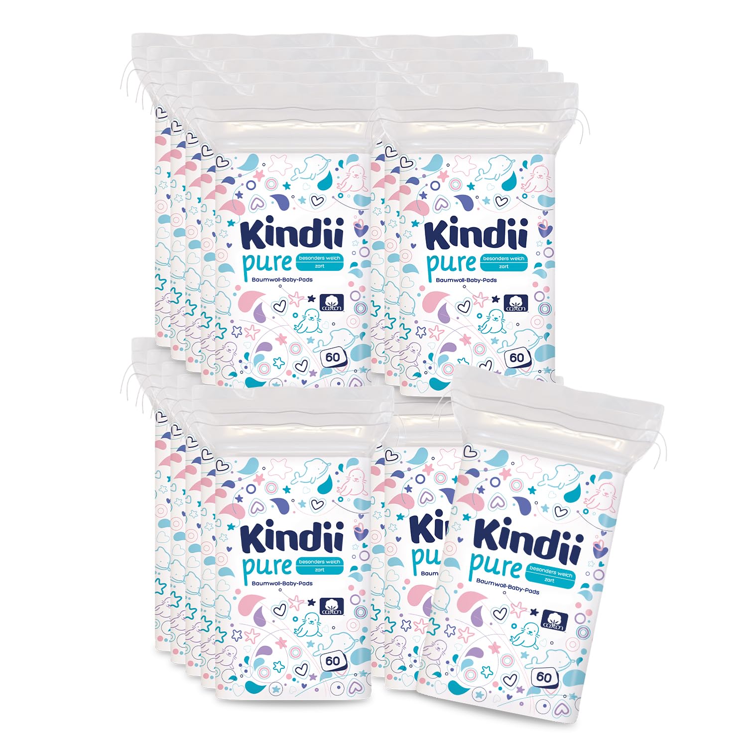 Kindii Pure Baby Pads – (20x60 Stück) Wattepads – große quadratische Pads für empfindliche Haut – ersetzt Feuchttücher, weich, weiche Kanten, kein Ausfransen – 1200 Stück