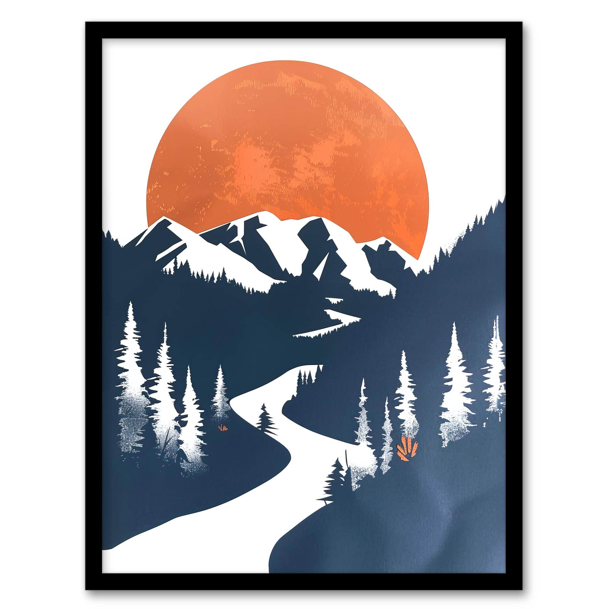 Artery8 Orange Full Moon Over Blue Mountain Hiking Trail Living Room Artwork Framed Wall Art Print A4