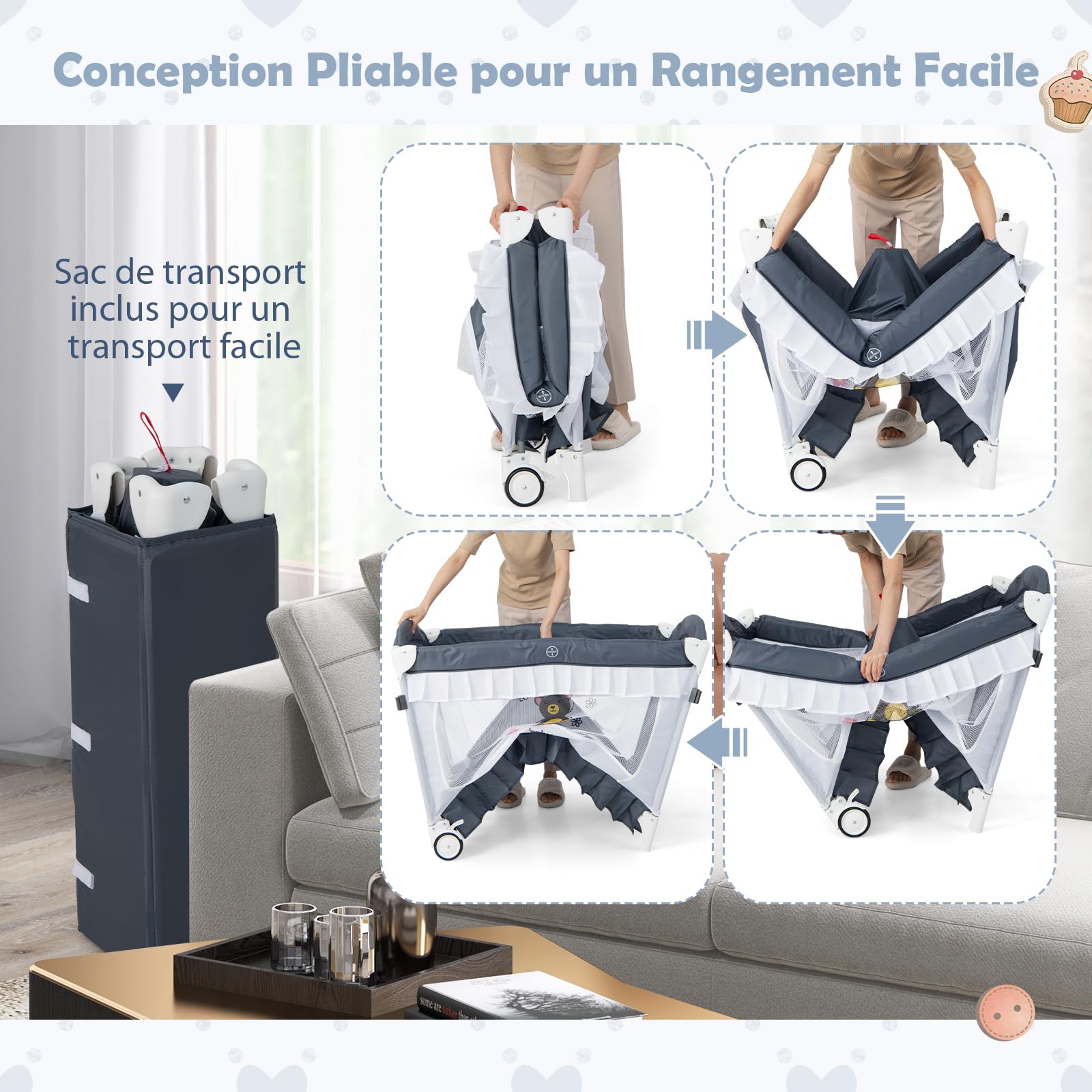 DREAMADE 4 en 1 Lit Parapluie Bébé 117X78X190CM avec Matelas&Moustiquaire,Lit de Voyage Bébé 0-3Ans avec Table à Langer,Roues avec Frein,Jouet Suspendues (Gris)