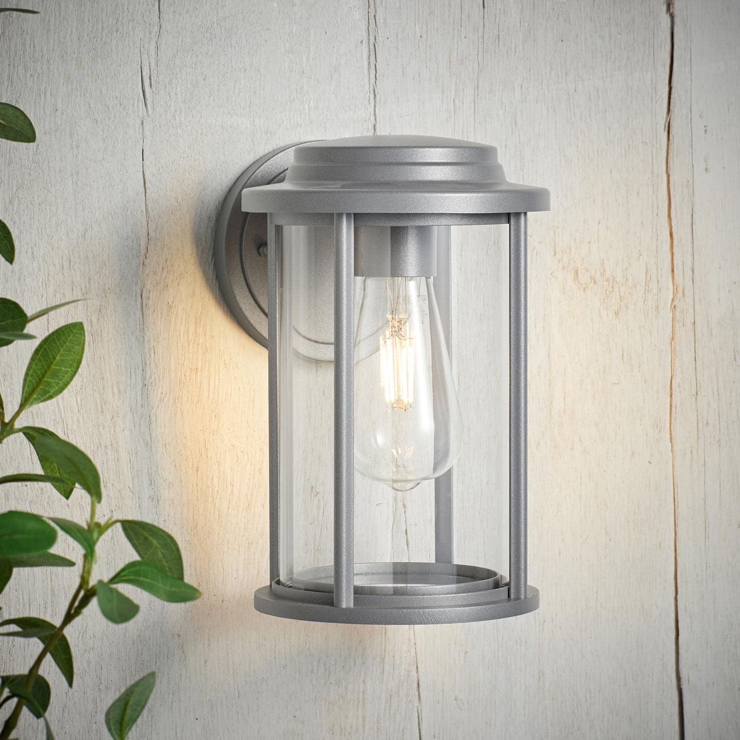 Lights4fun Grey 24Cm Metal Outdoor Garden E27 Wall Light Mains Powered Glass Panes Ip44 Waterproof