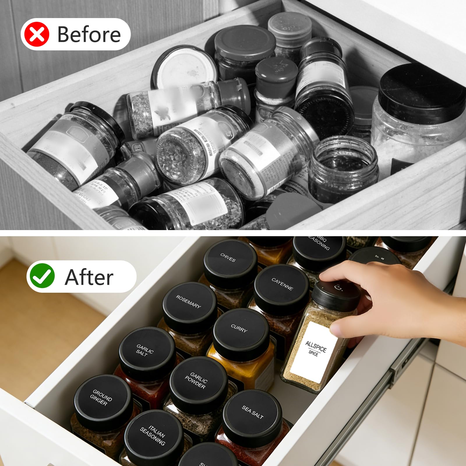 Set di 24 Barattoli per Spezie in Vetro Quadrati da 120ml, con Etichette, Coperchio Dispensatore, Imbuto – Portaspezie Organizzatore da Cucina, Barattoli Ermetici, Nero
